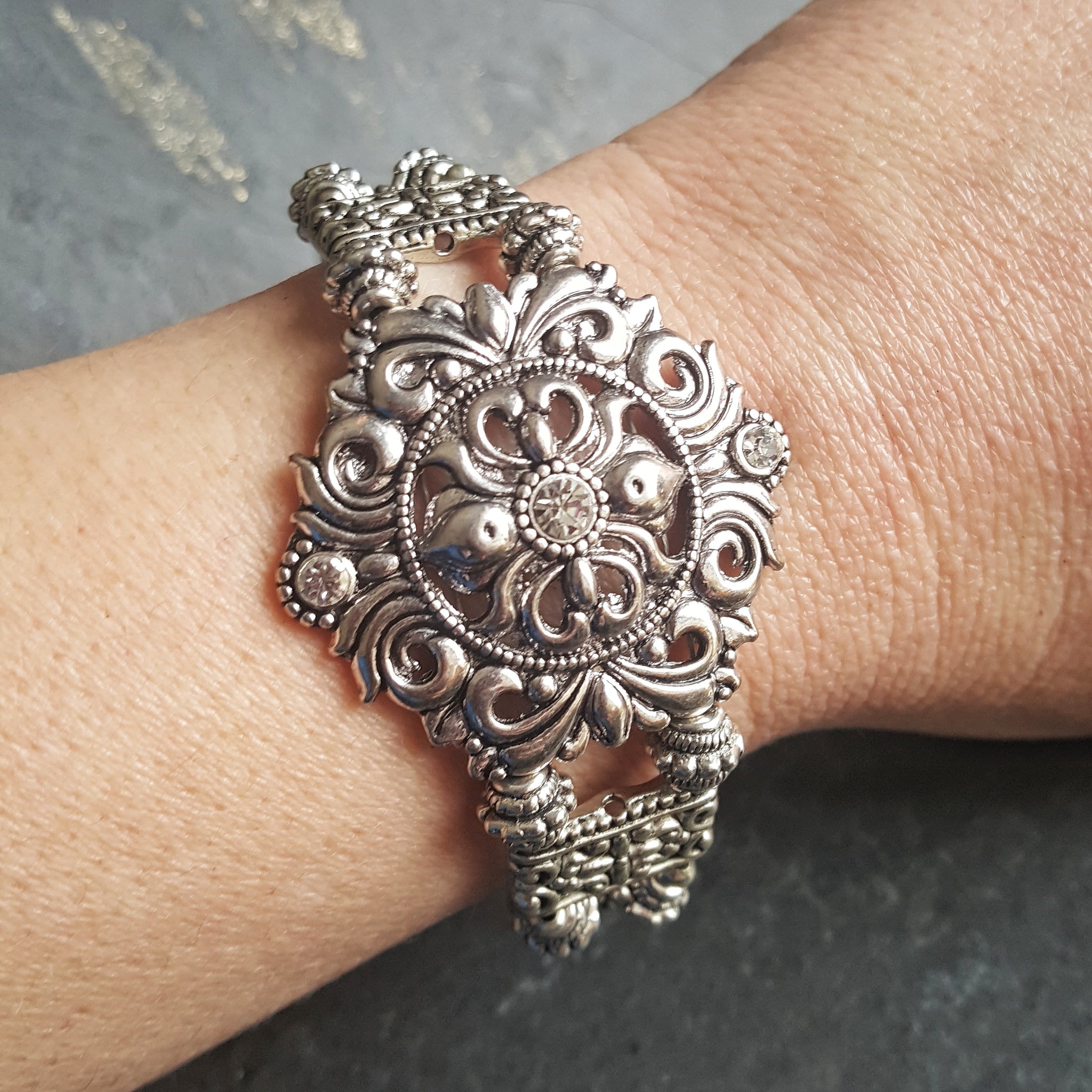 Silver Shield Bracelet Rhinestone Bridal Jewelry - DRAVYNMOOR