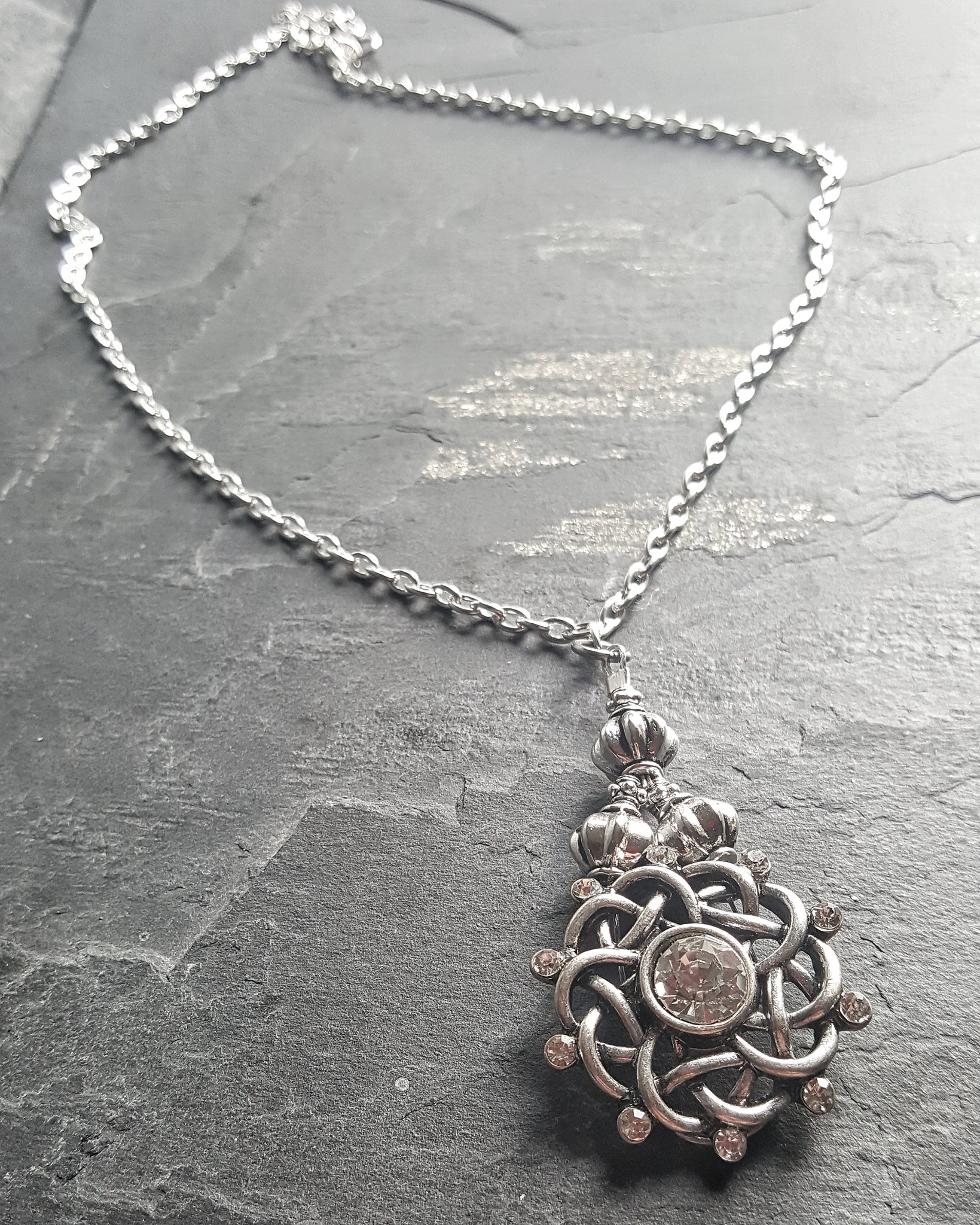 Silver Celtic Teardrop Pendant Necklace Rhinestone Bridal Fantasy Jewelry - DRAVYNMOOR