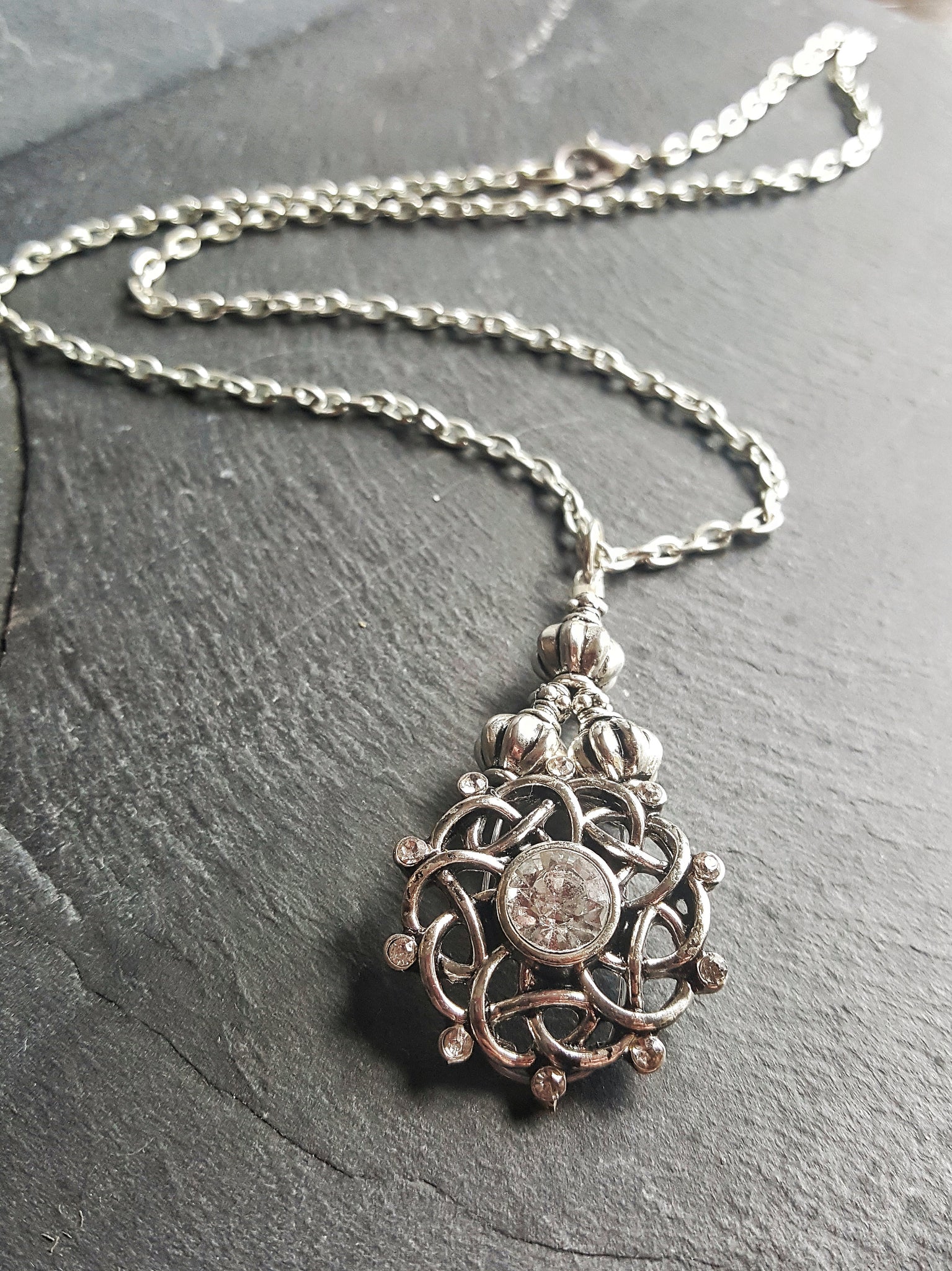 Silver Celtic Teardrop Pendant Necklace Rhinestone Bridal Fantasy Jewelry - DRAVYNMOOR