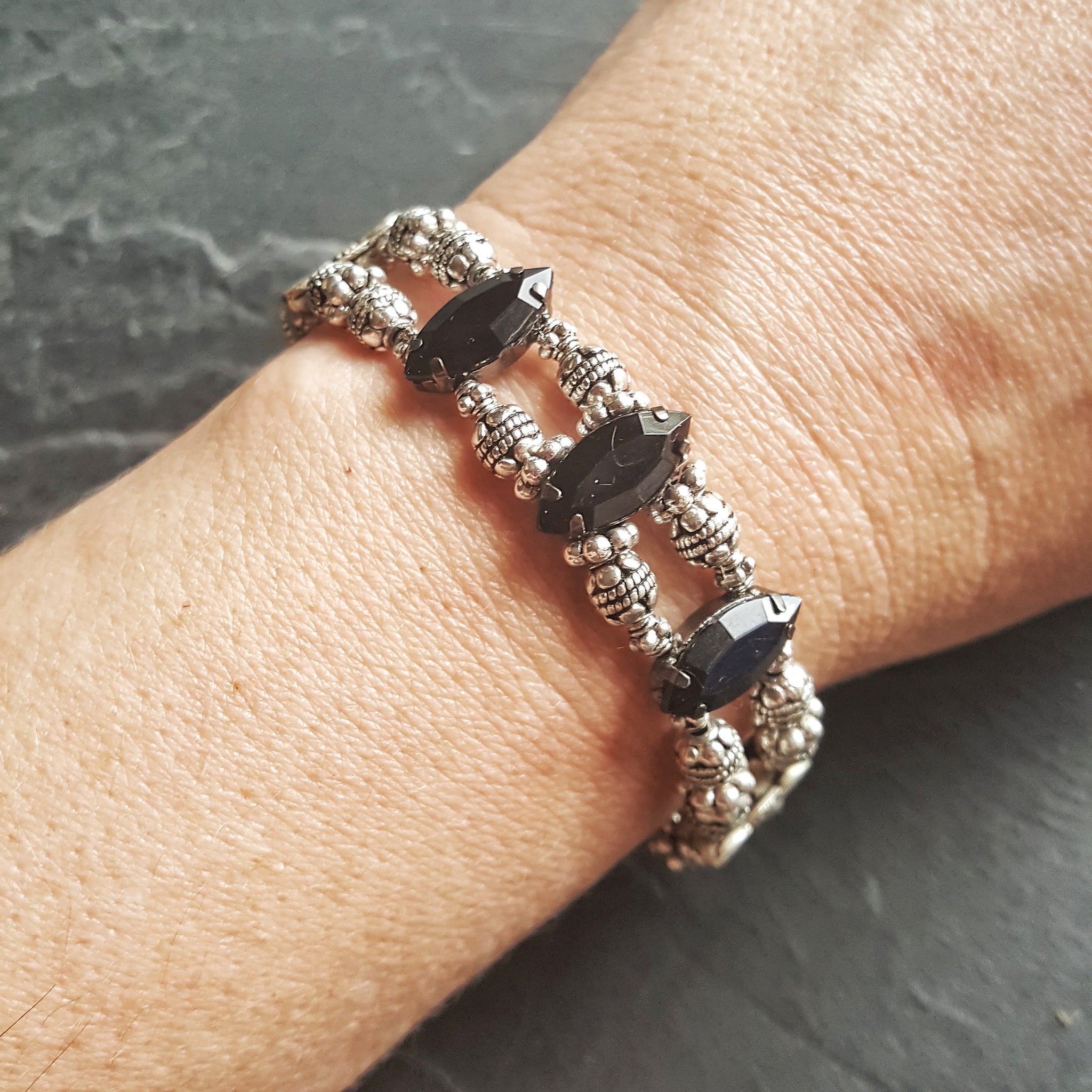 Black Marquise Rhinestone Gothic Bracelet - Victorian Jewelry - DRAVYNMOOR