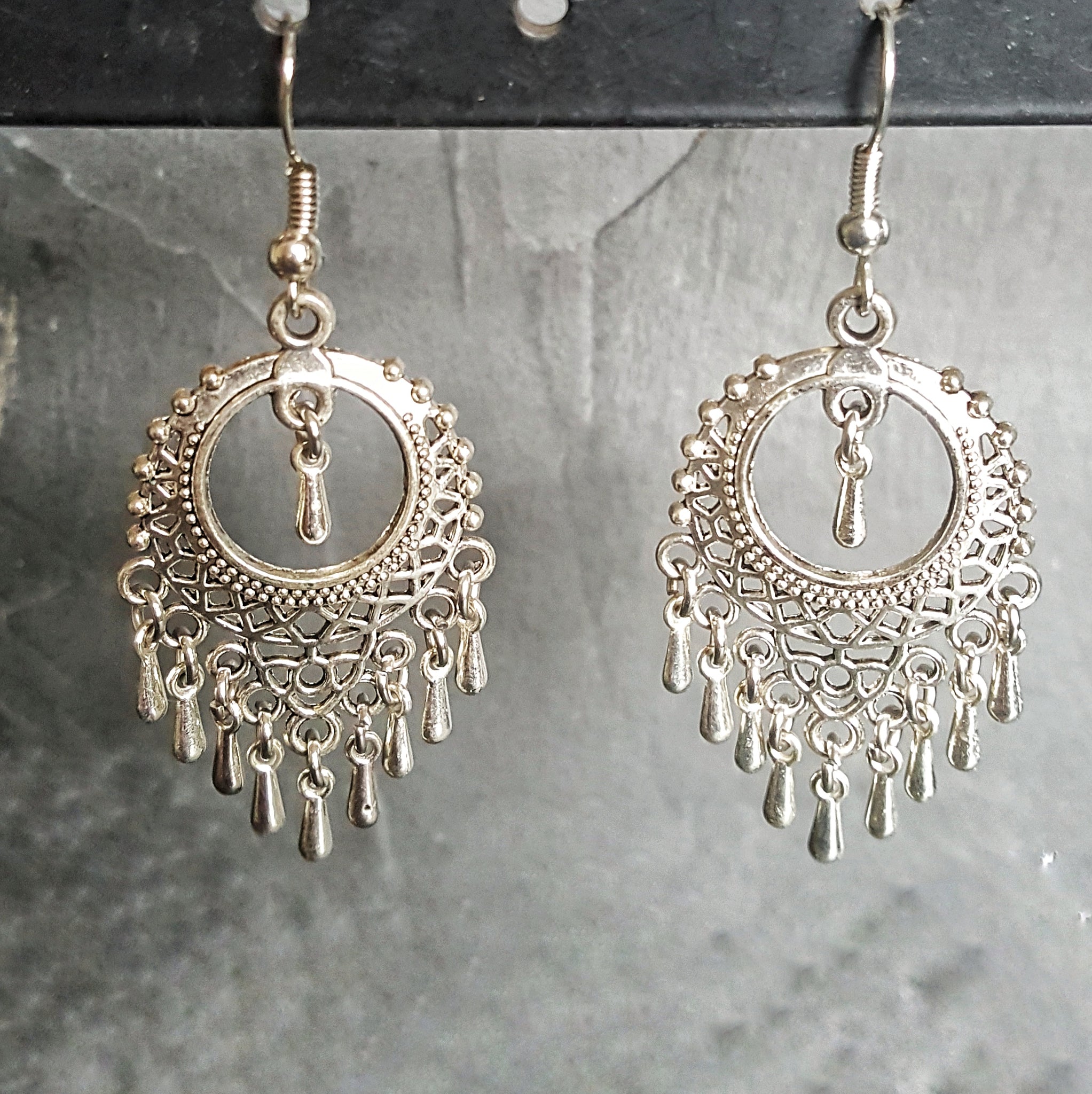 Ornate Silver Boho Chandelier Earrings Bohemian Jewelry - DRAVYNMOOR