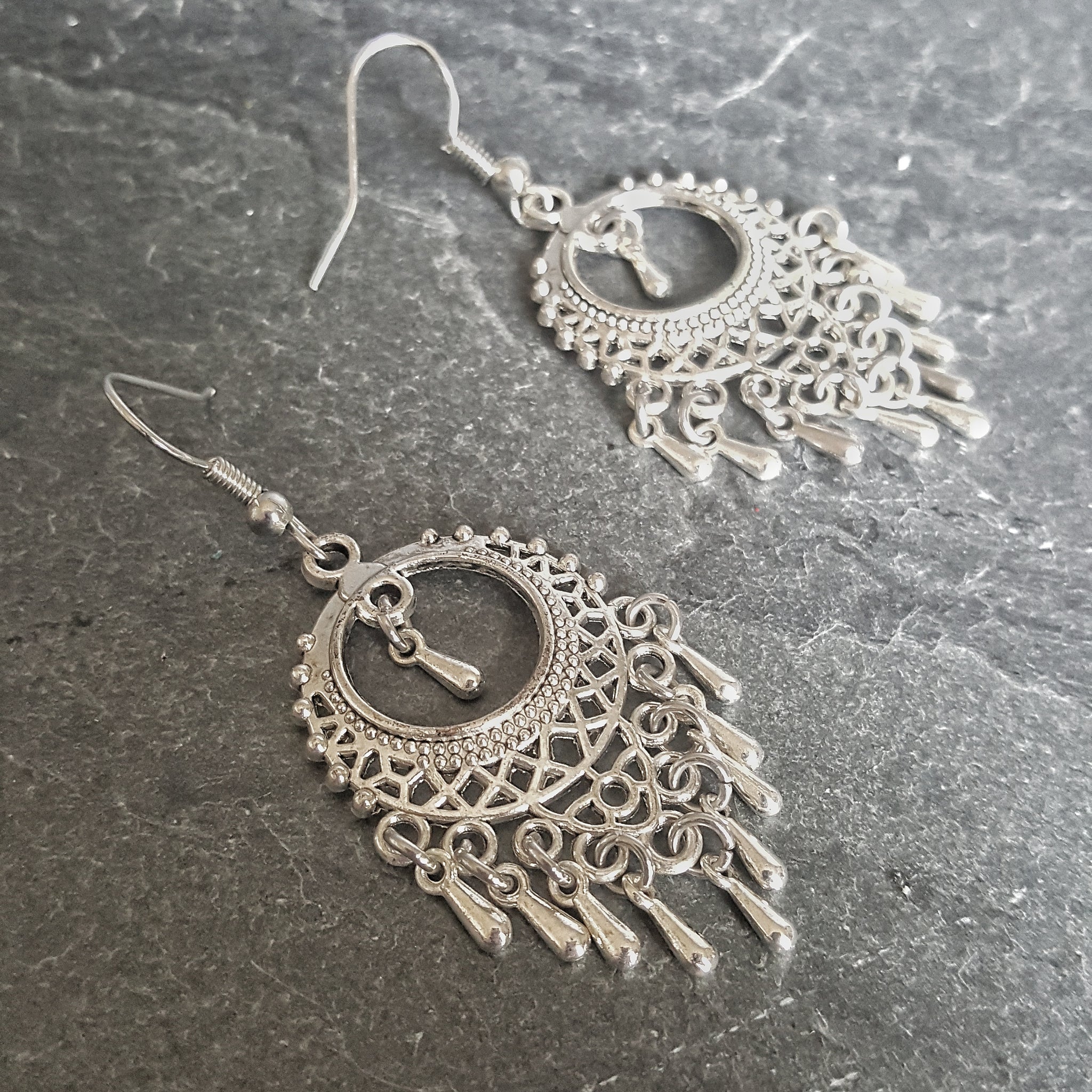 Ornate Silver Boho Chandelier Earrings Bohemian Jewelry - DRAVYNMOOR