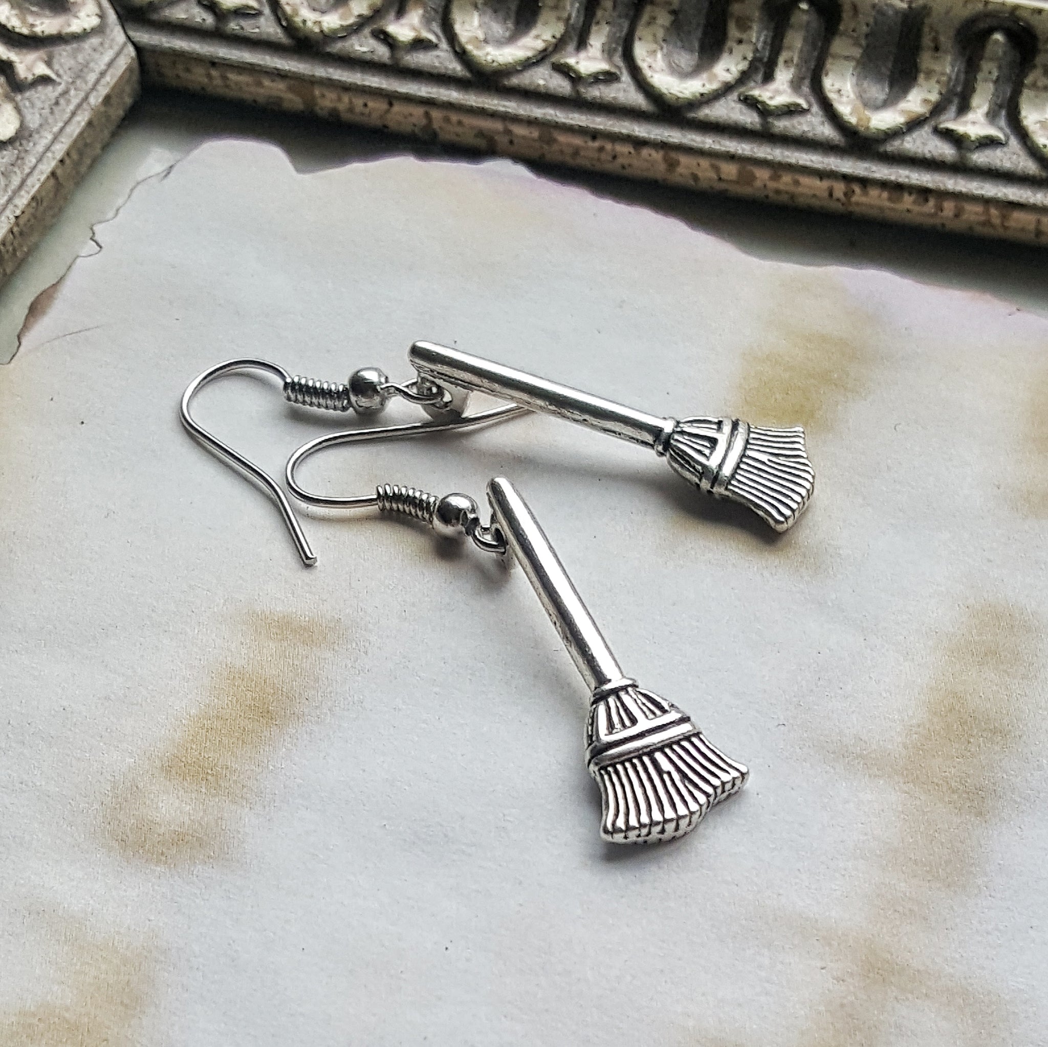 Silver Broom Earrings Handmade Yule Gift for Wiccan - DRAVYNMOOR