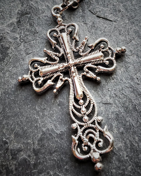 Silver Gothic Cross Necklace Fantasy Jewelry