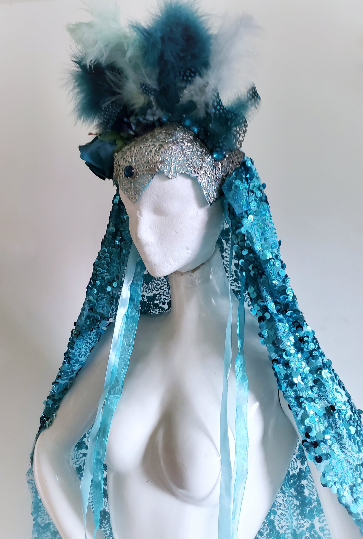 Teal Crown Feathered Headress with Sequin Veil