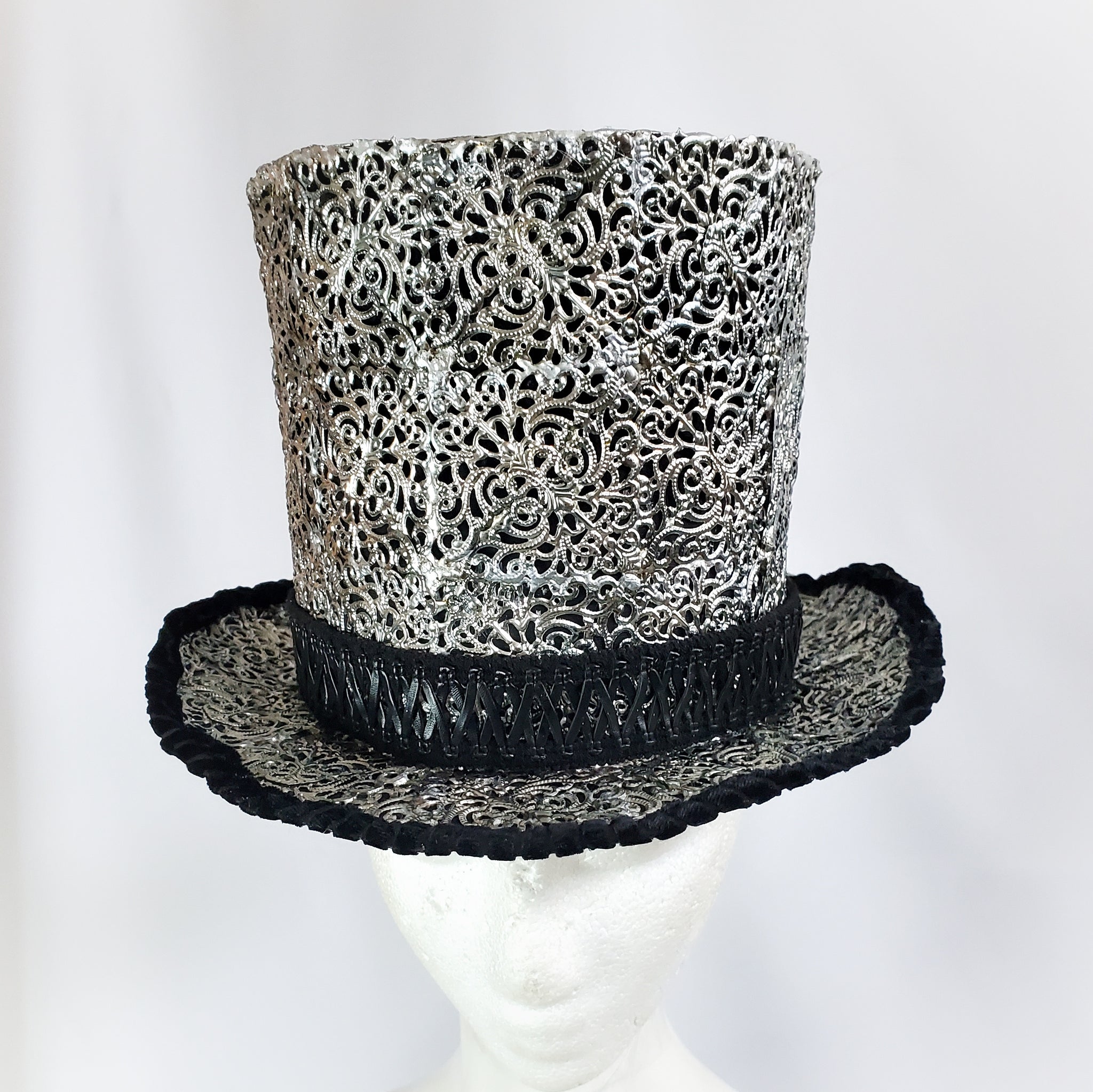Black Velvet Lined Silver Filigree Top Hat