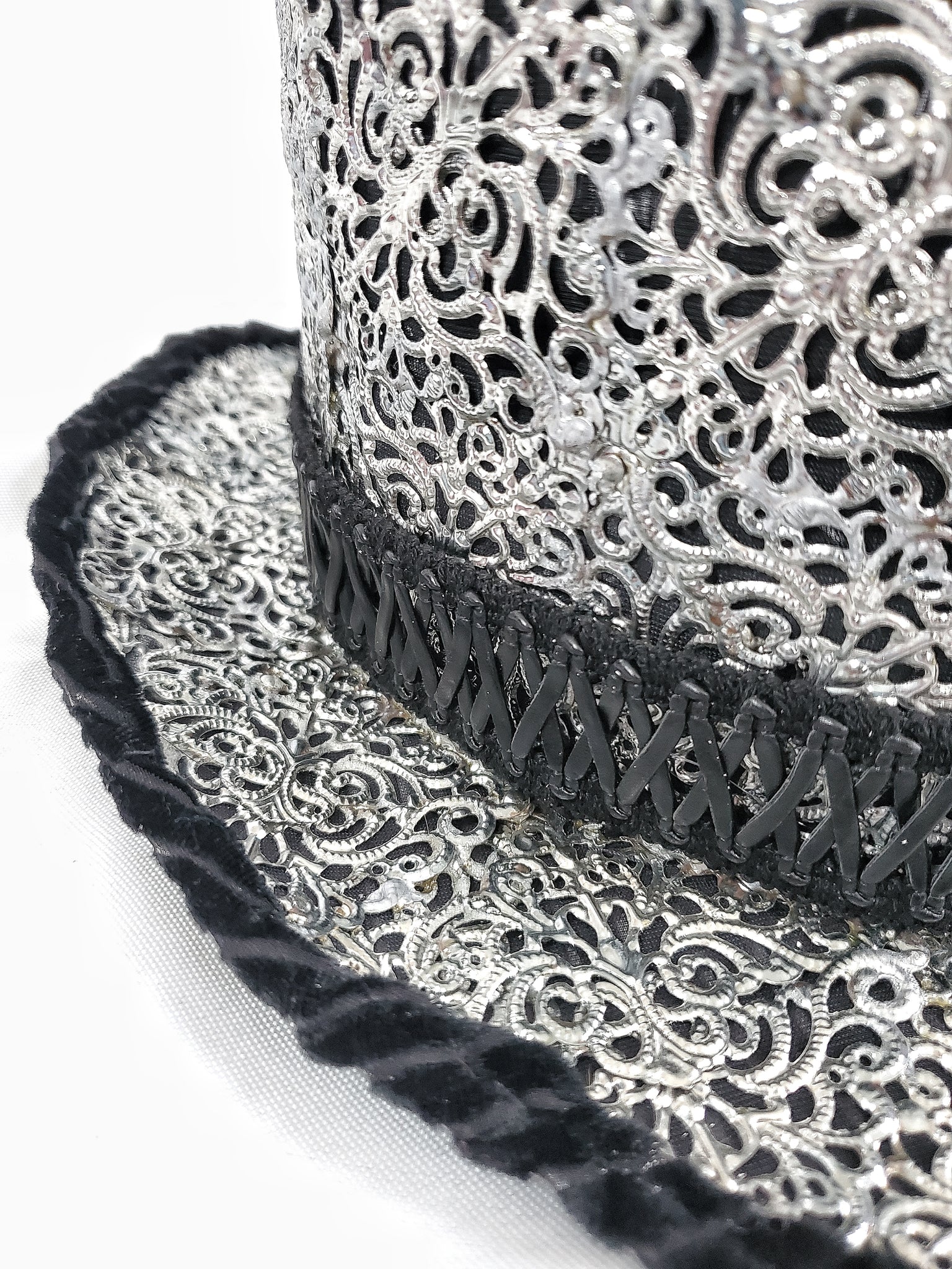 Black Velvet Lined Silver Filigree Top Hat
