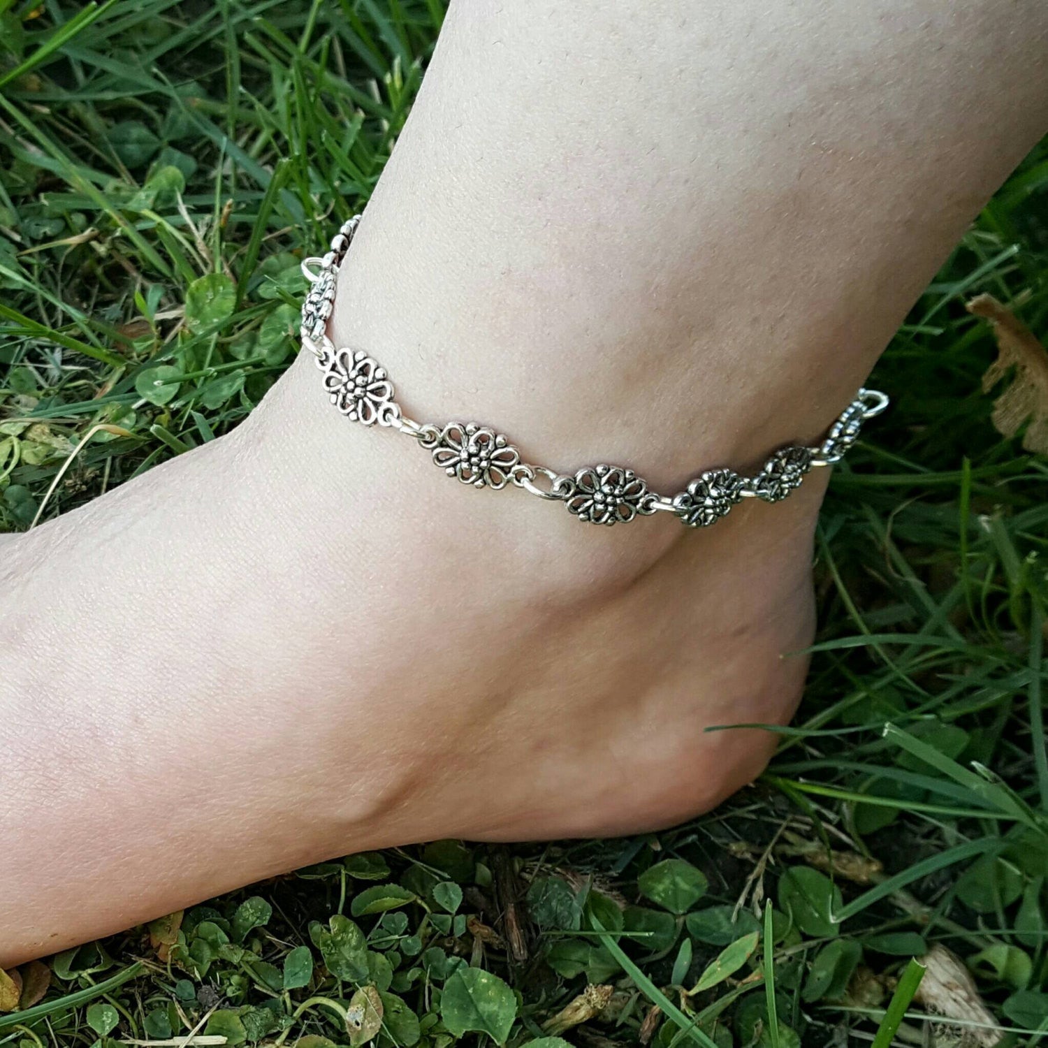 Romantic Silver Anklet Ren Faire Bohemian Festival Jewelry - DRAVYNMOOR