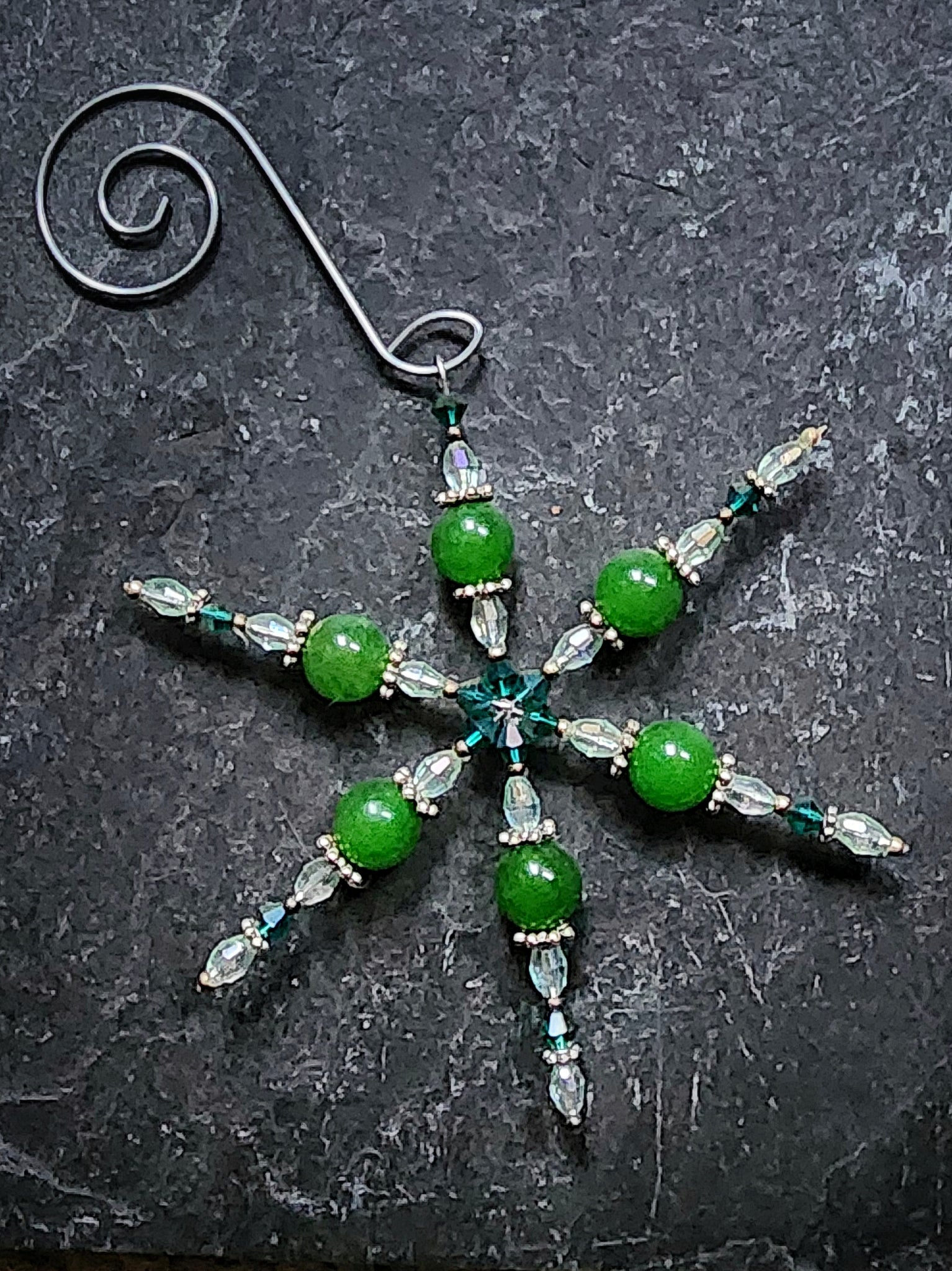 Jade Green Crystal Snowflake Ornament Handmade Gift Stocking Stuffer