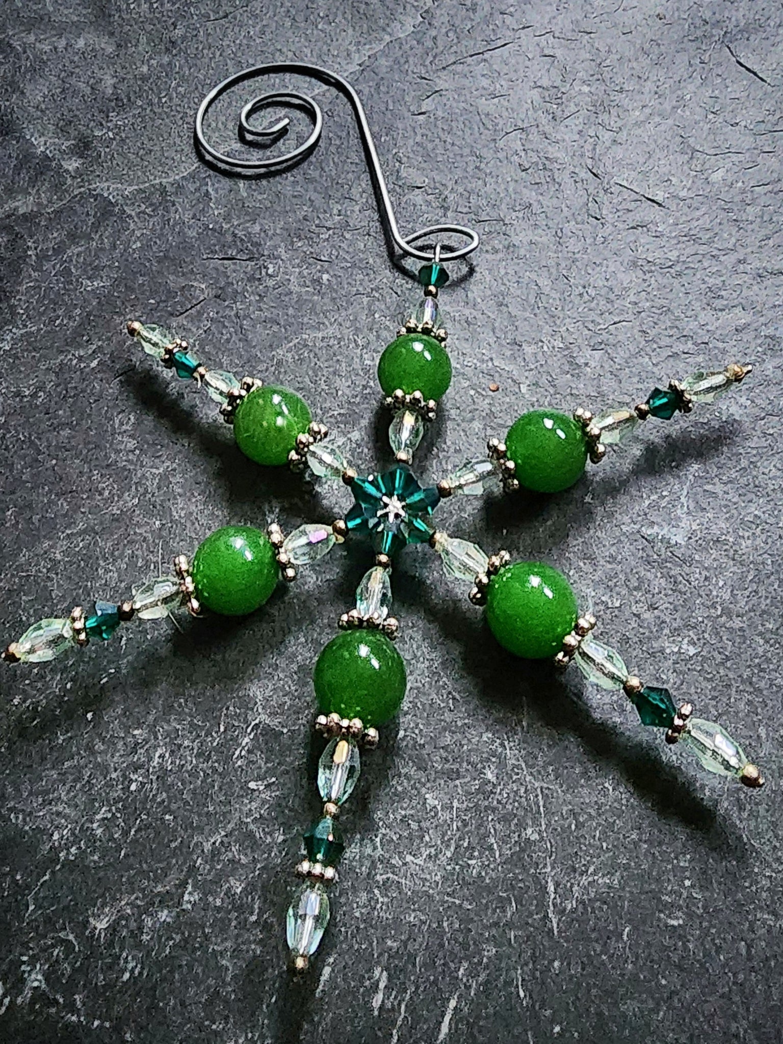 Jade Green Crystal Snowflake Ornament Handmade Gift Stocking Stuffer