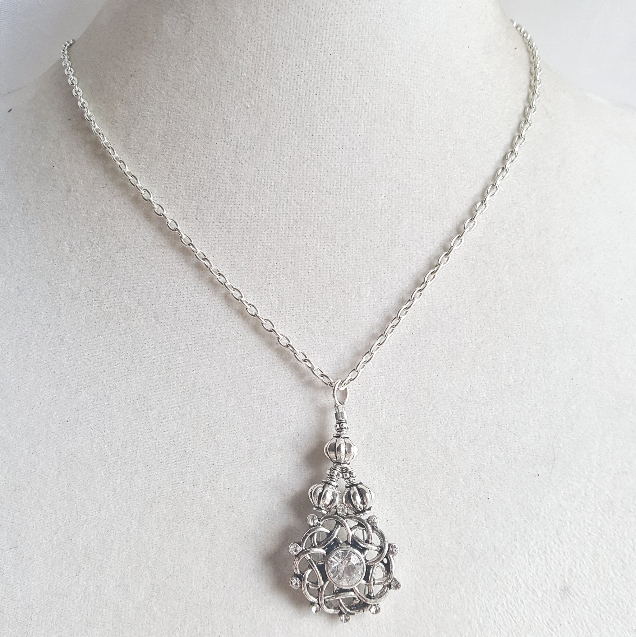 Silver Celtic Teardrop Pendant Necklace Rhinestone Bridal Fantasy Jewelry - DRAVYNMOOR