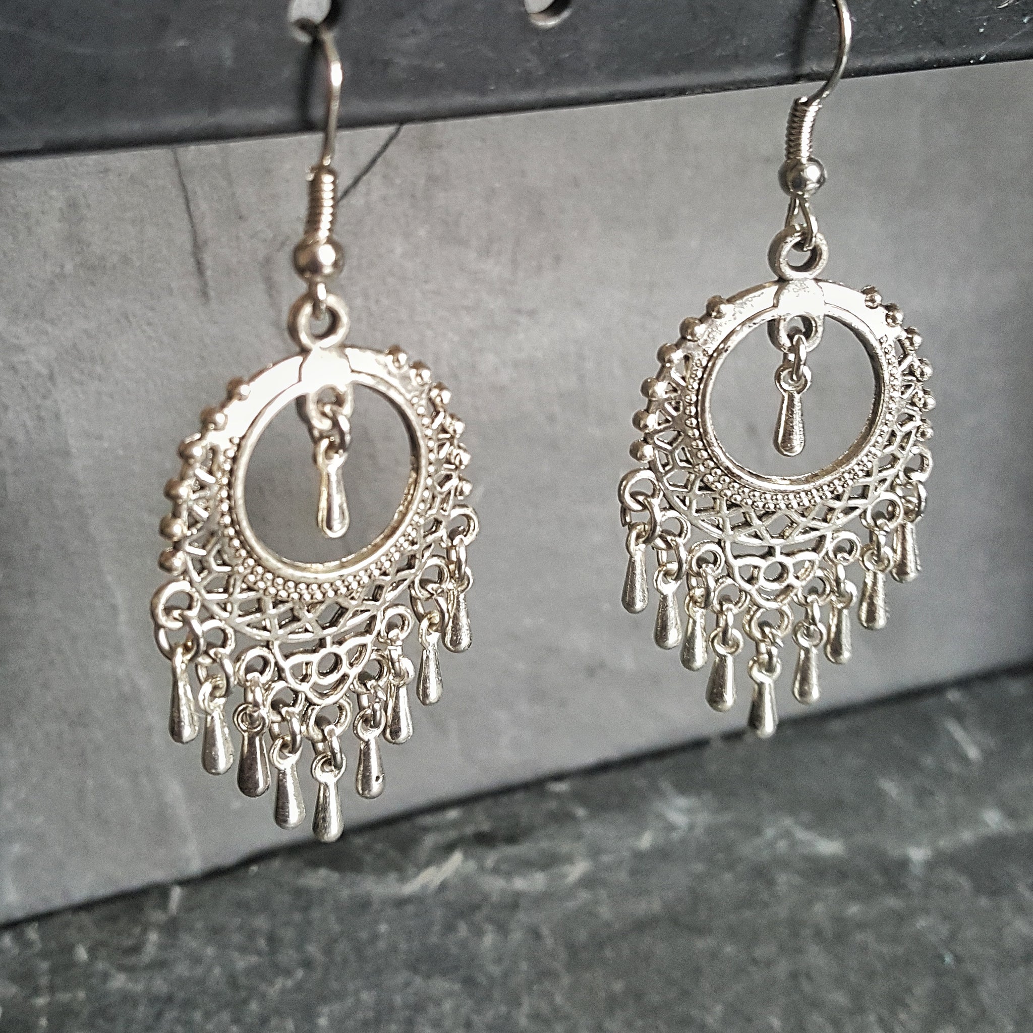 Ornate Silver Boho Chandelier Earrings Bohemian Jewelry - DRAVYNMOOR