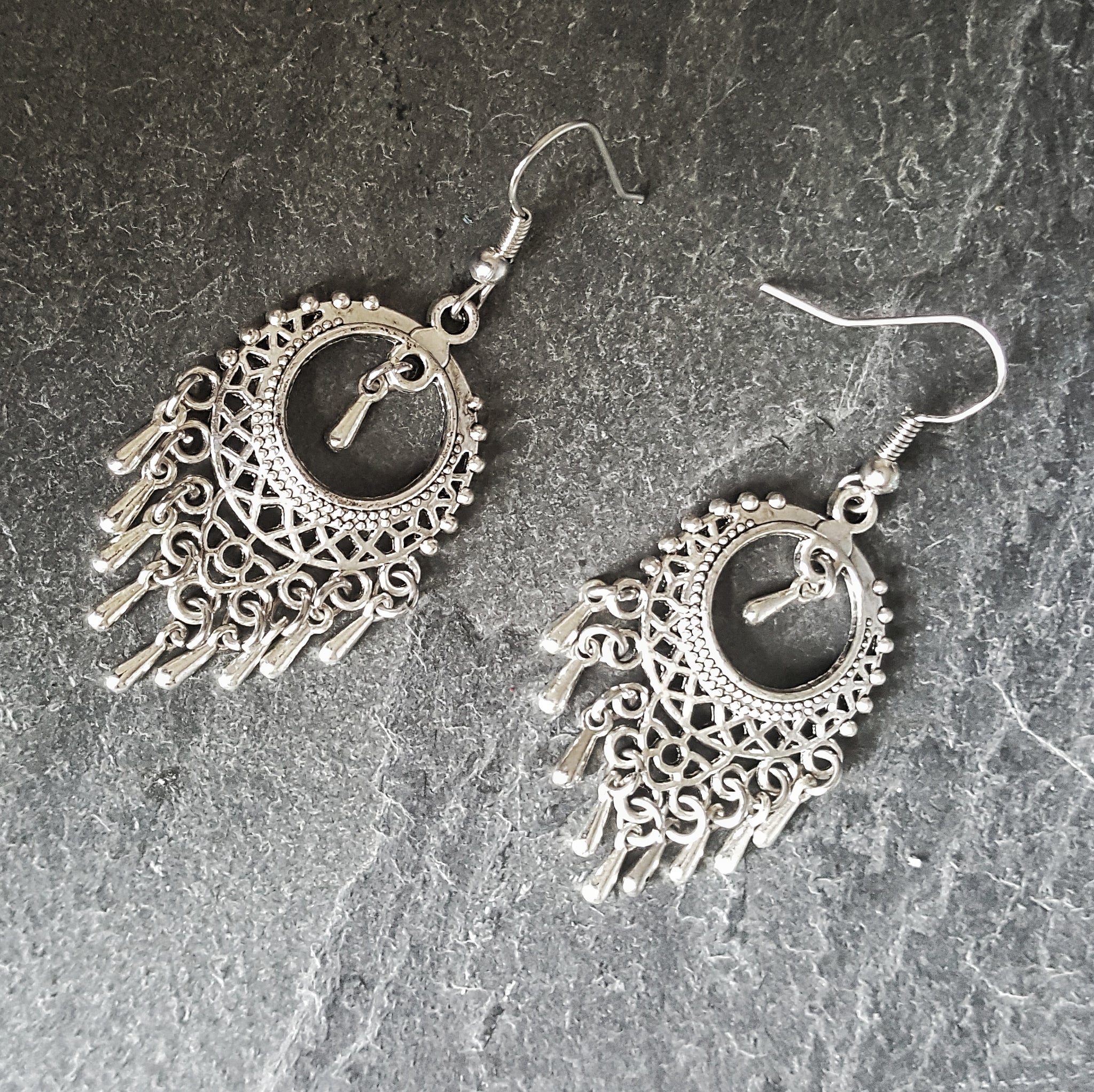 Ornate Silver Boho Chandelier Earrings Bohemian Jewelry - DRAVYNMOOR