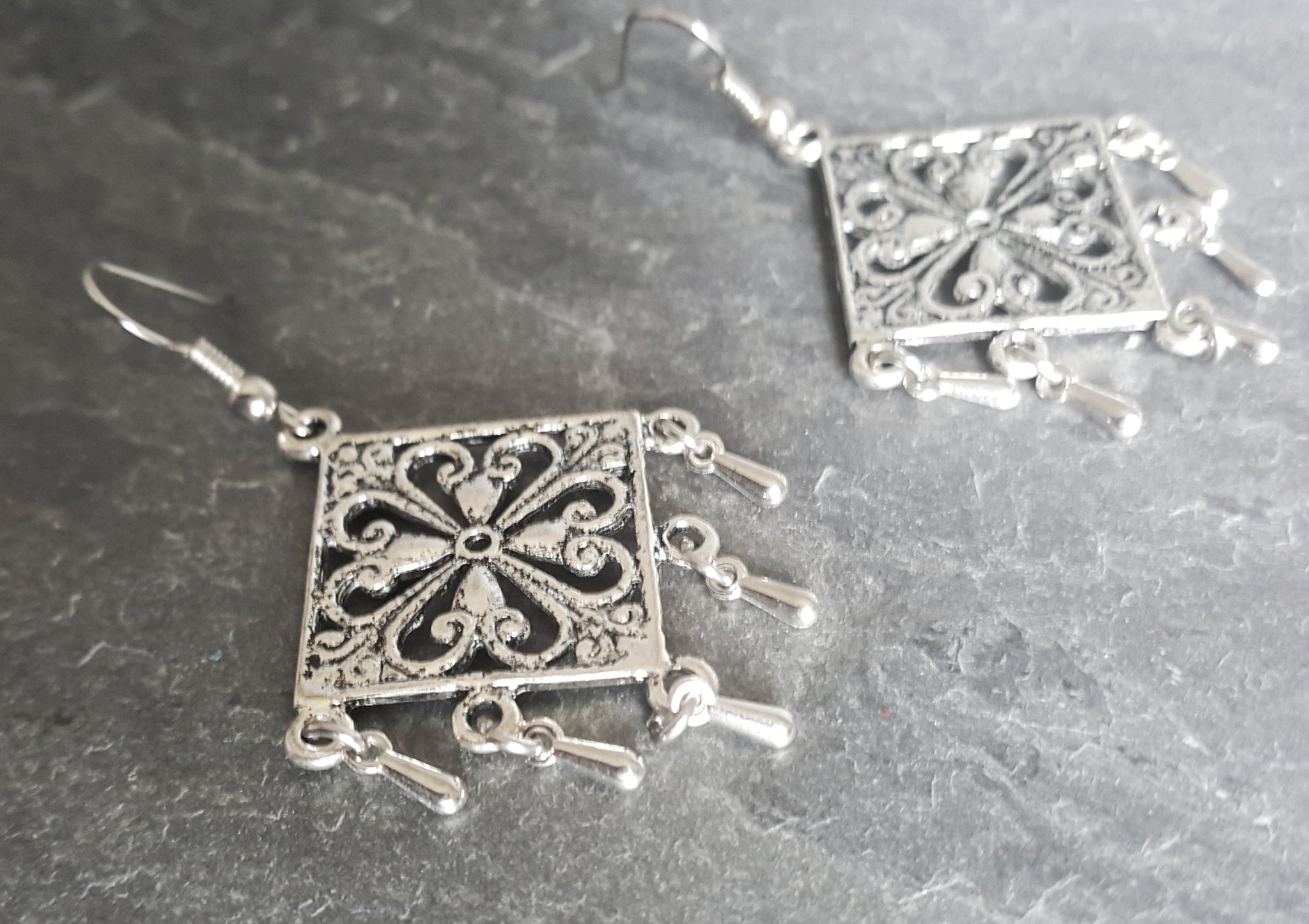 Square Silver Chandelier Earring Bohemian Jewelry - DRAVYNMOOR