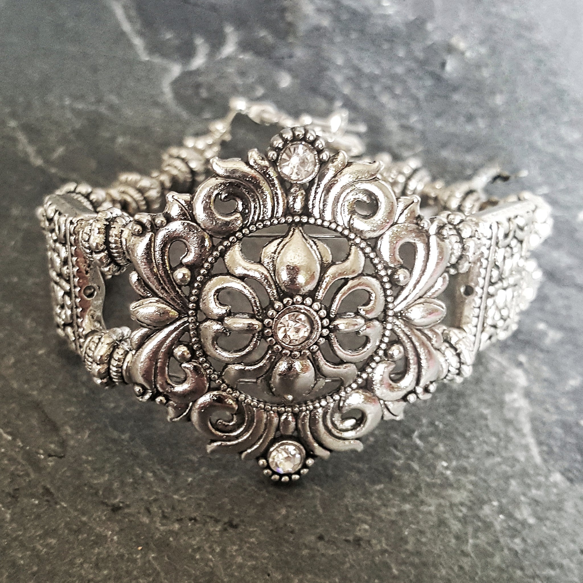 Silver Shield Bracelet Rhinestone Bridal Jewelry - DRAVYNMOOR