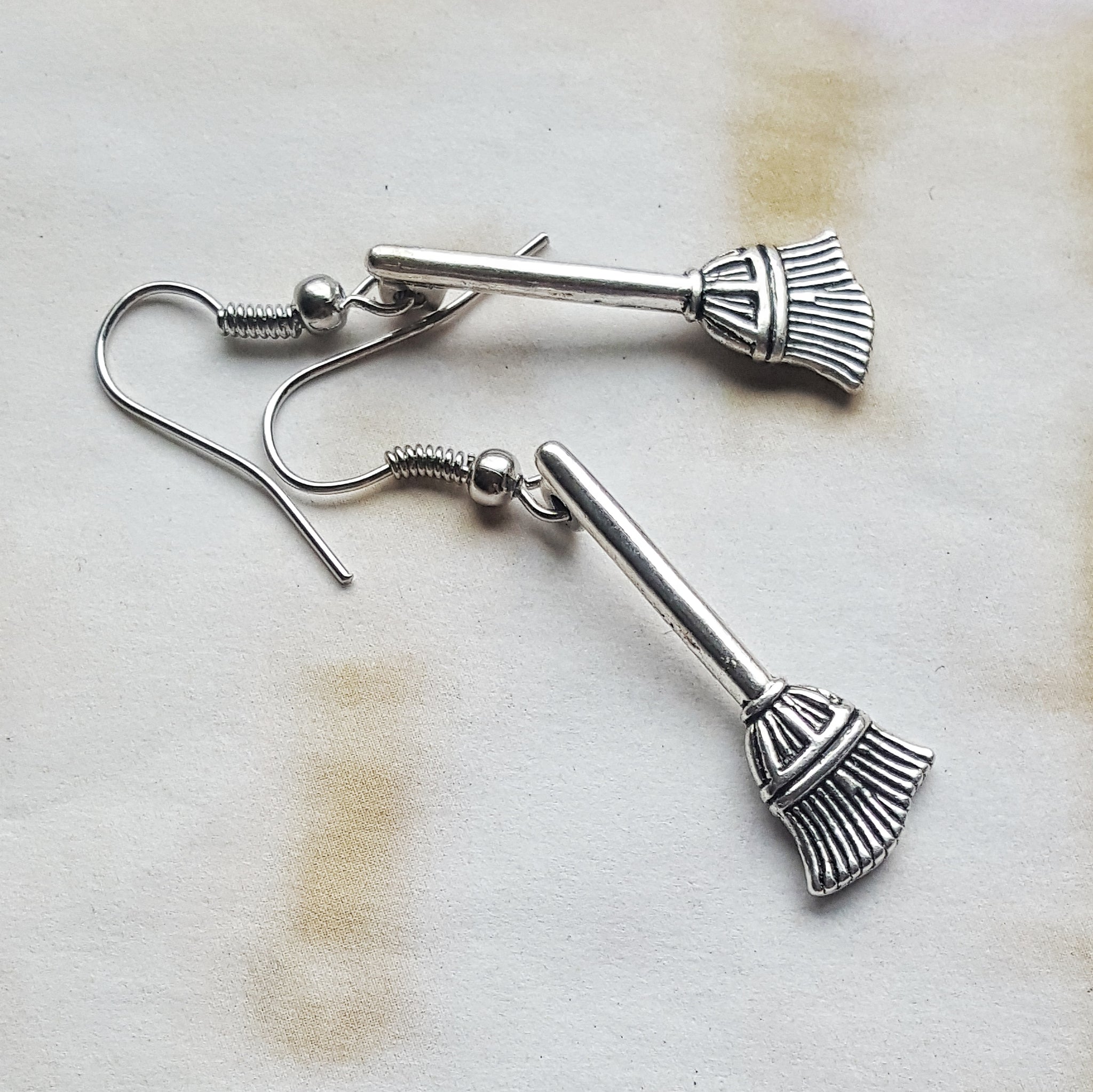 Silver Broom Earrings Handmade Yule Gift for Wiccan - DRAVYNMOOR