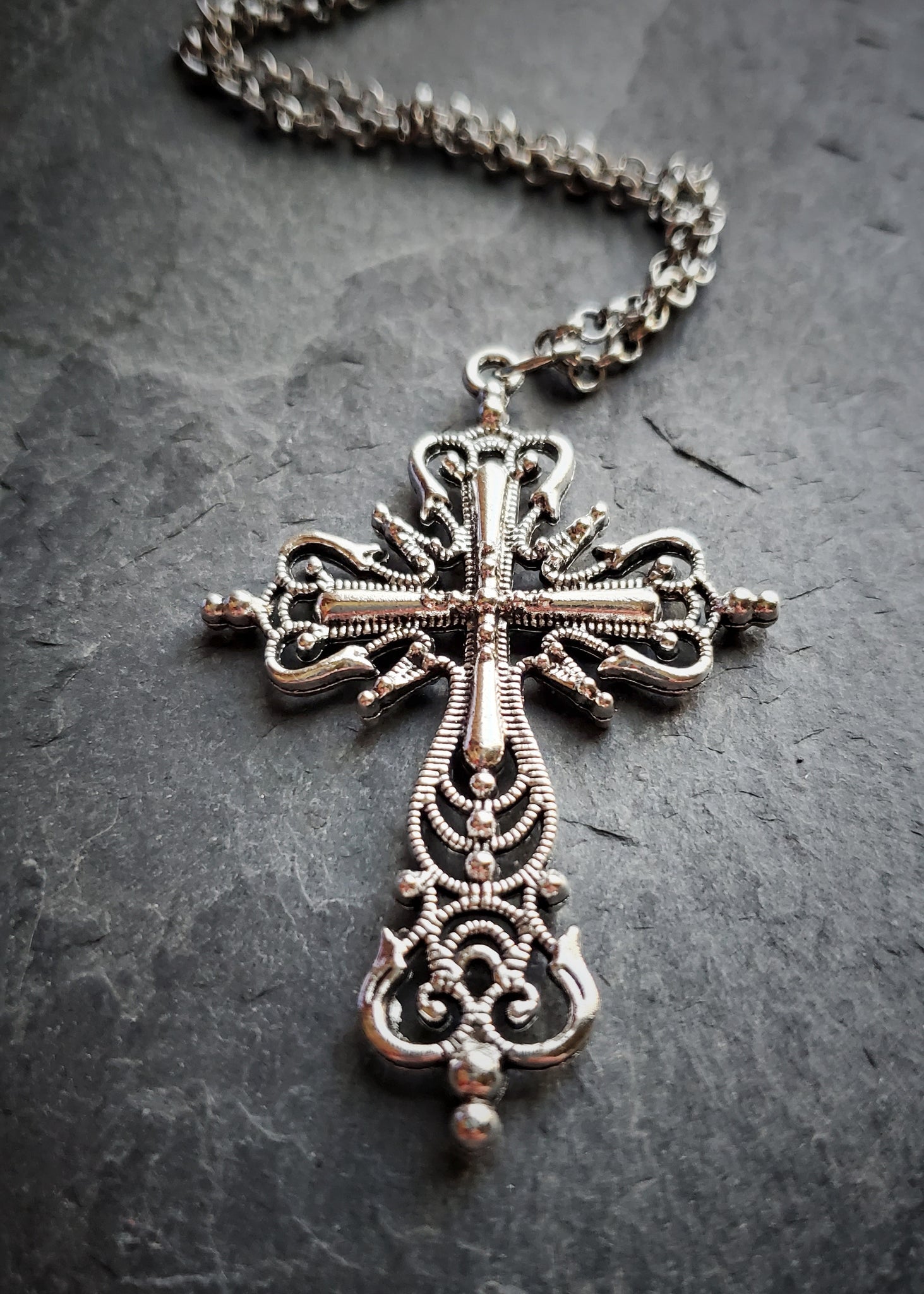 Silver Gothic Cross Necklace Fantasy Jewelry