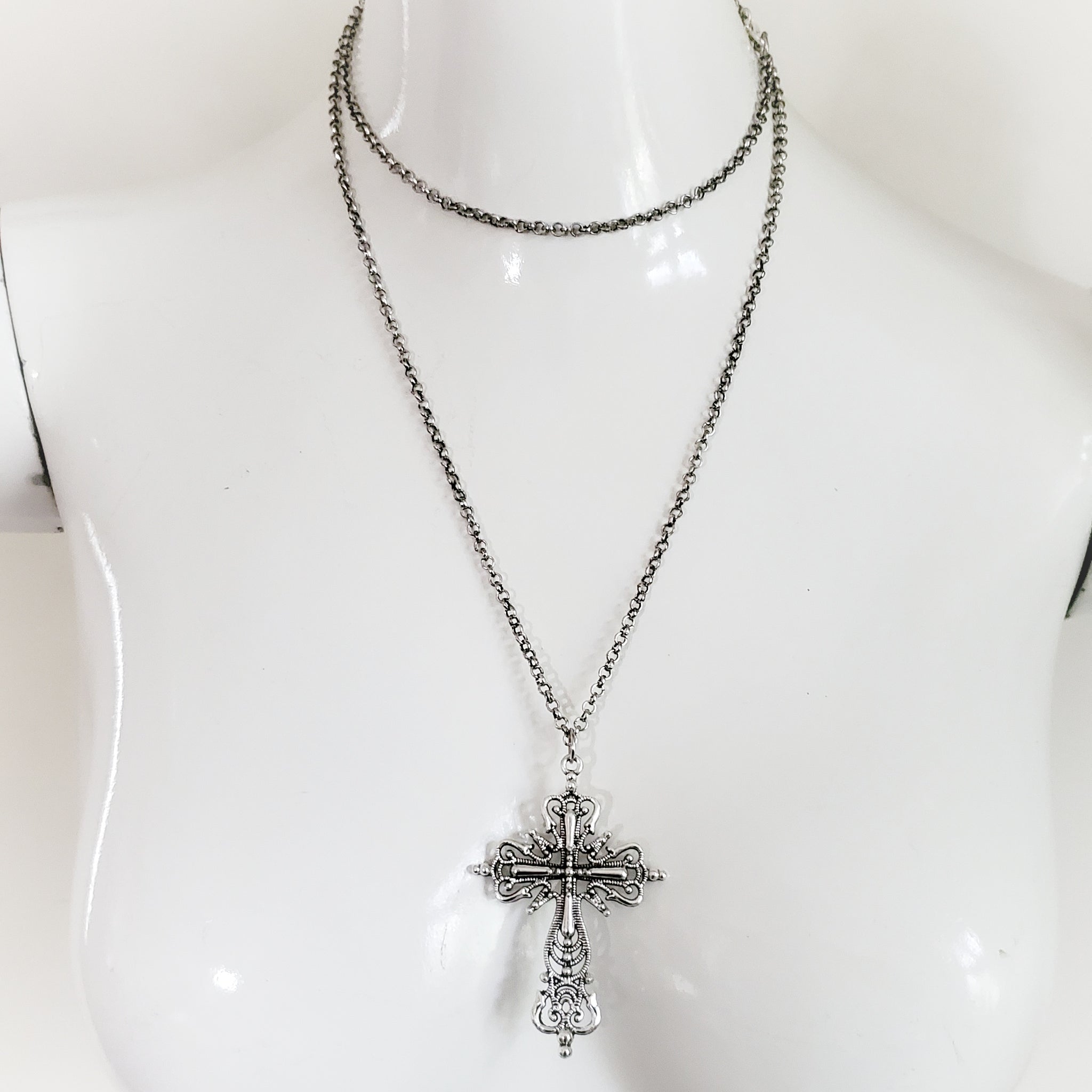 Silver Gothic Cross Necklace Fantasy Jewelry