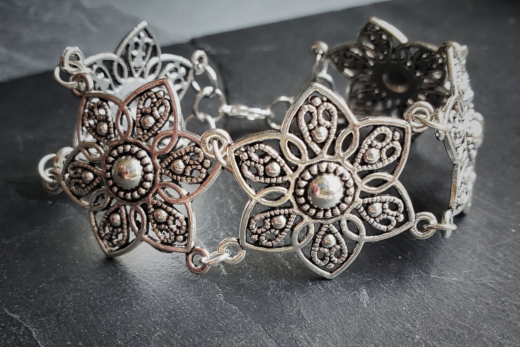 Silver Flower Link Bracelet Renaissance Festival Jewelry