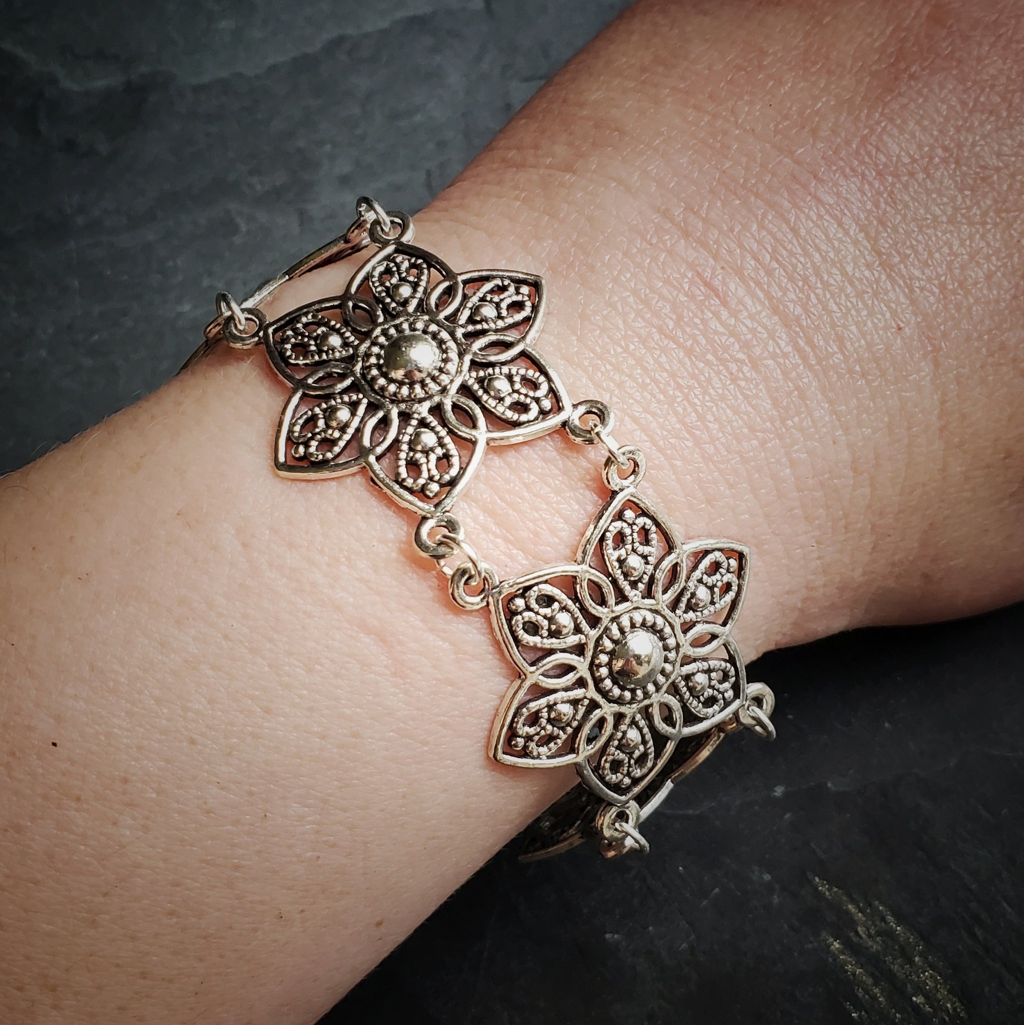 Silver Flower Link Bracelet Renaissance Festival Jewelry