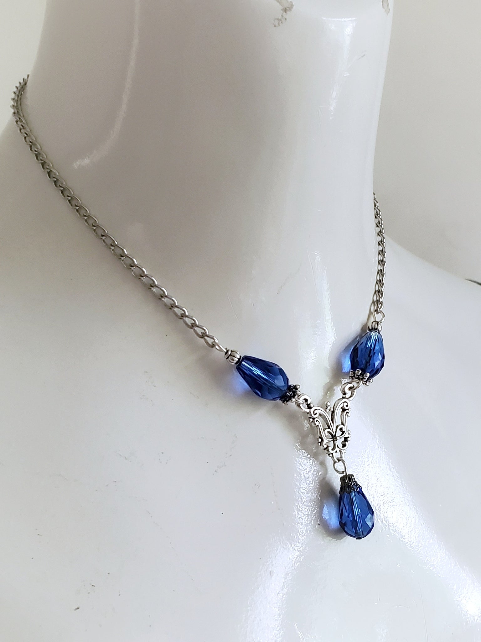 Blue Gothic Teardrop Necklace Handmade Jewelry Gift