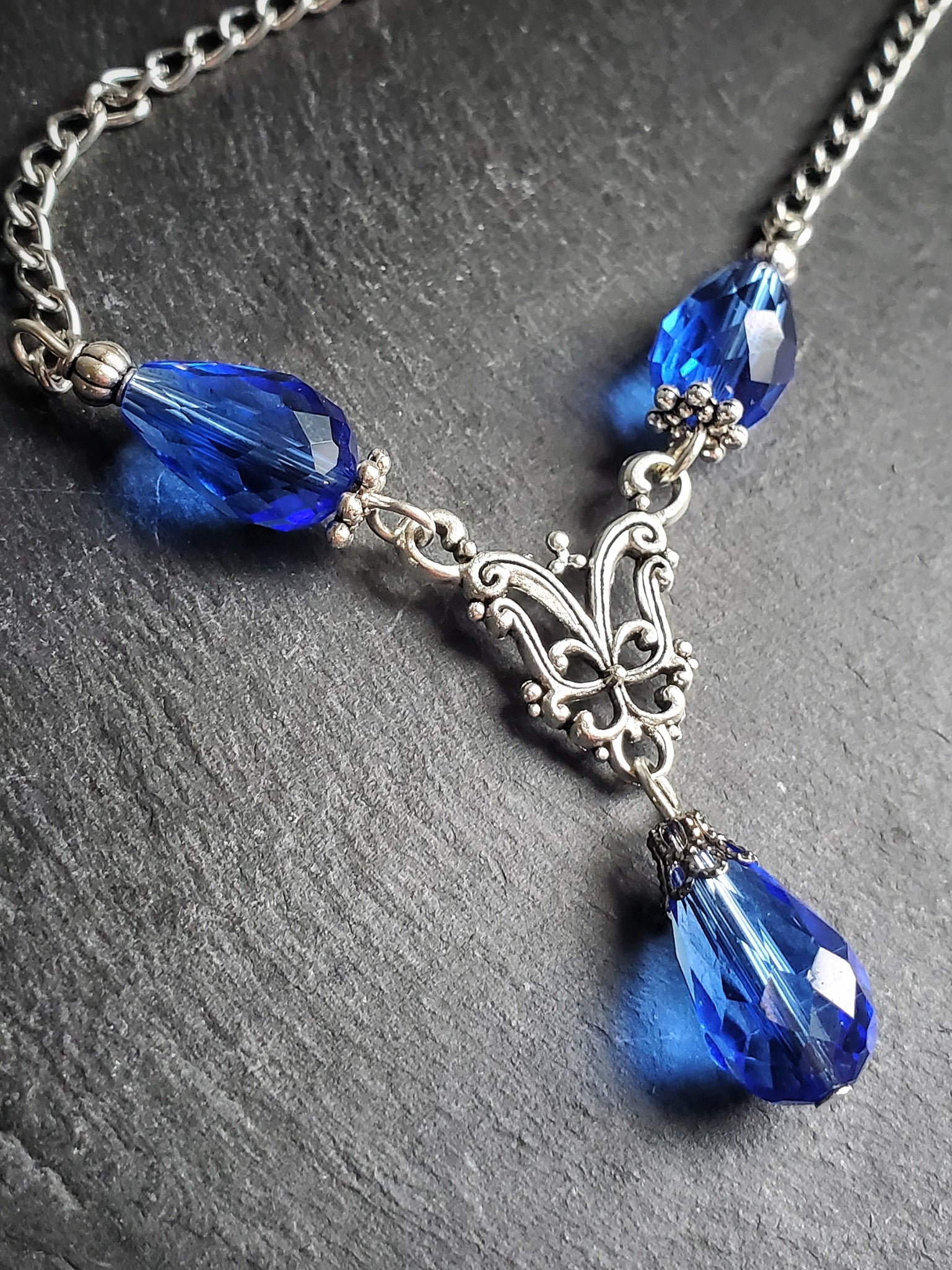 Blue Gothic Teardrop Necklace Handmade Jewelry Gift