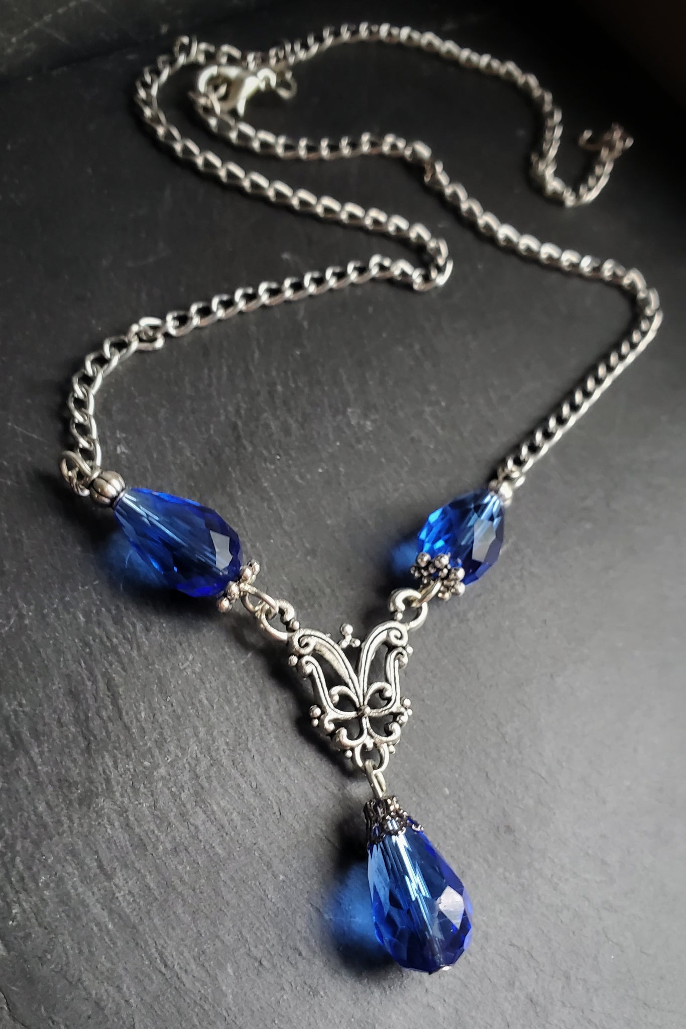 Blue Gothic Teardrop Necklace Handmade Jewelry Gift