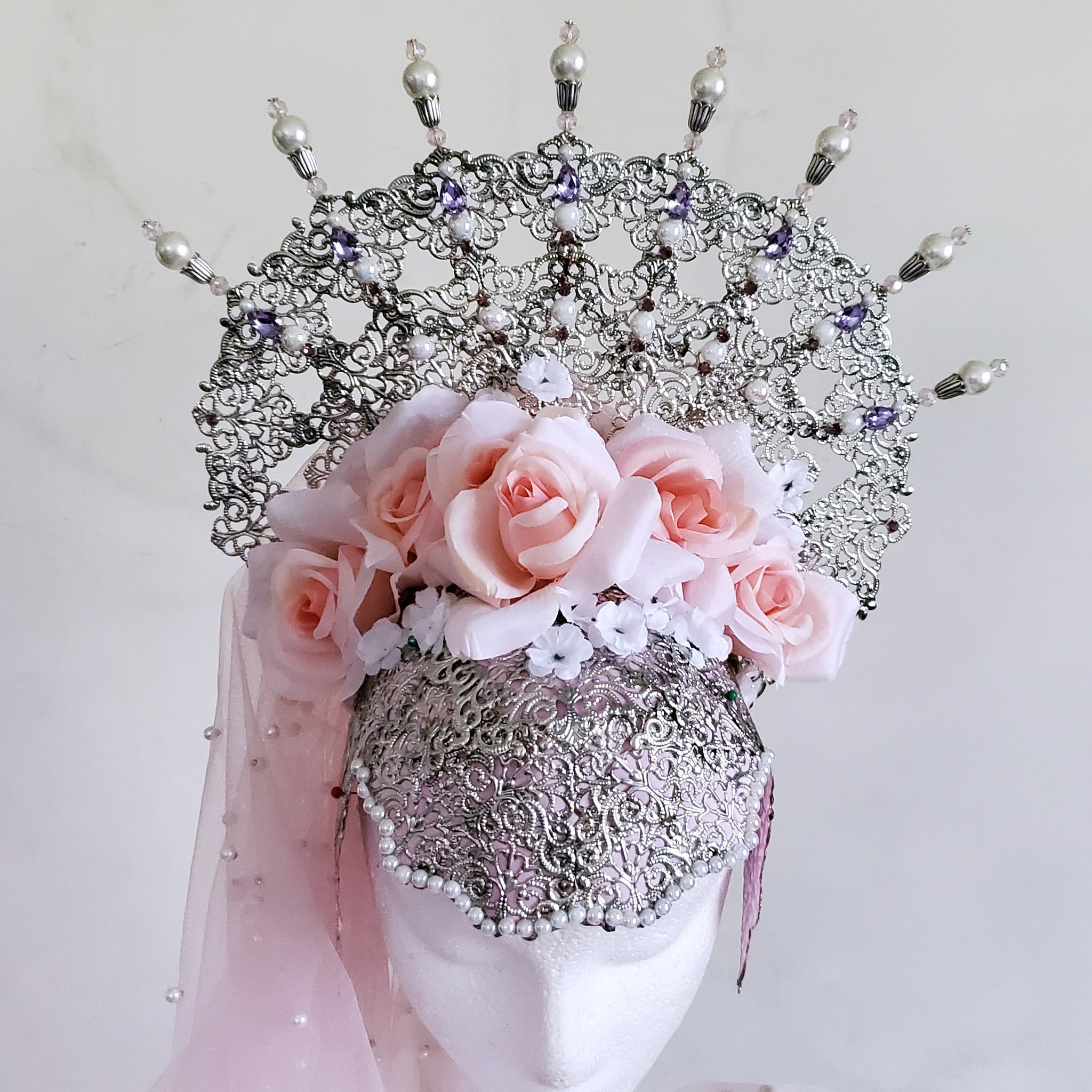 Custom Crown Deposit - Filigree Silver Flower Crown with Veil