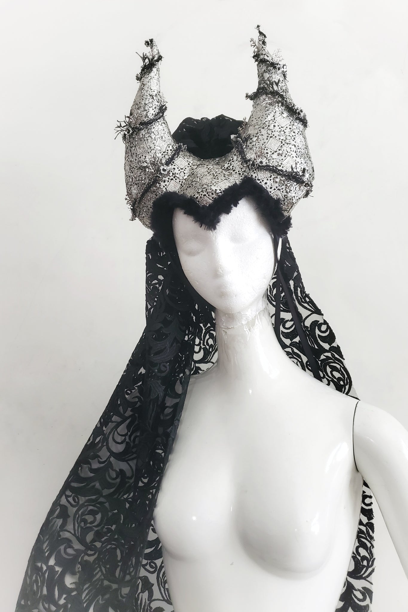 Tribal Goth Horned Headress with Embroidered Veil