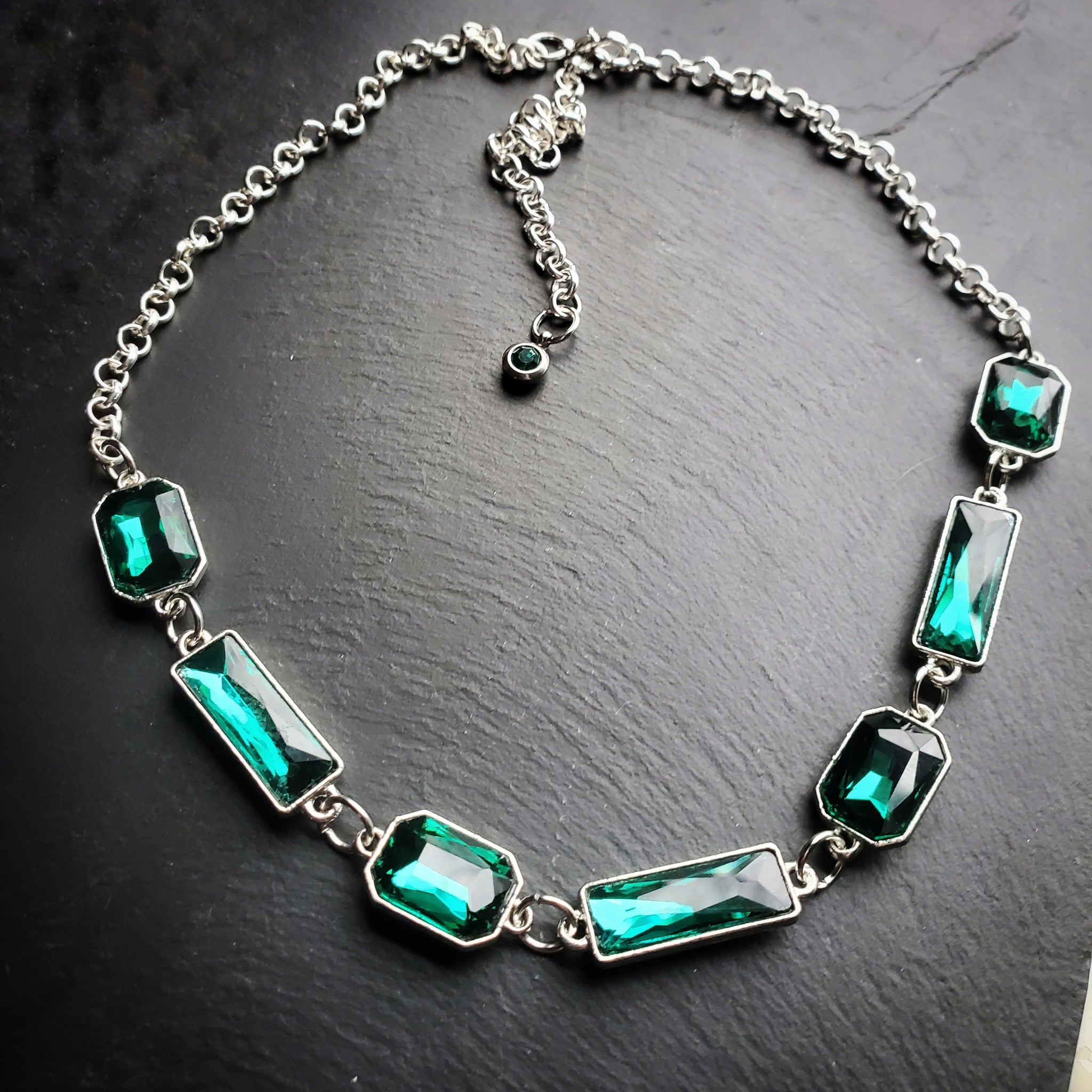 Emerald Cut Rhinestone Necklace in Green or Blue