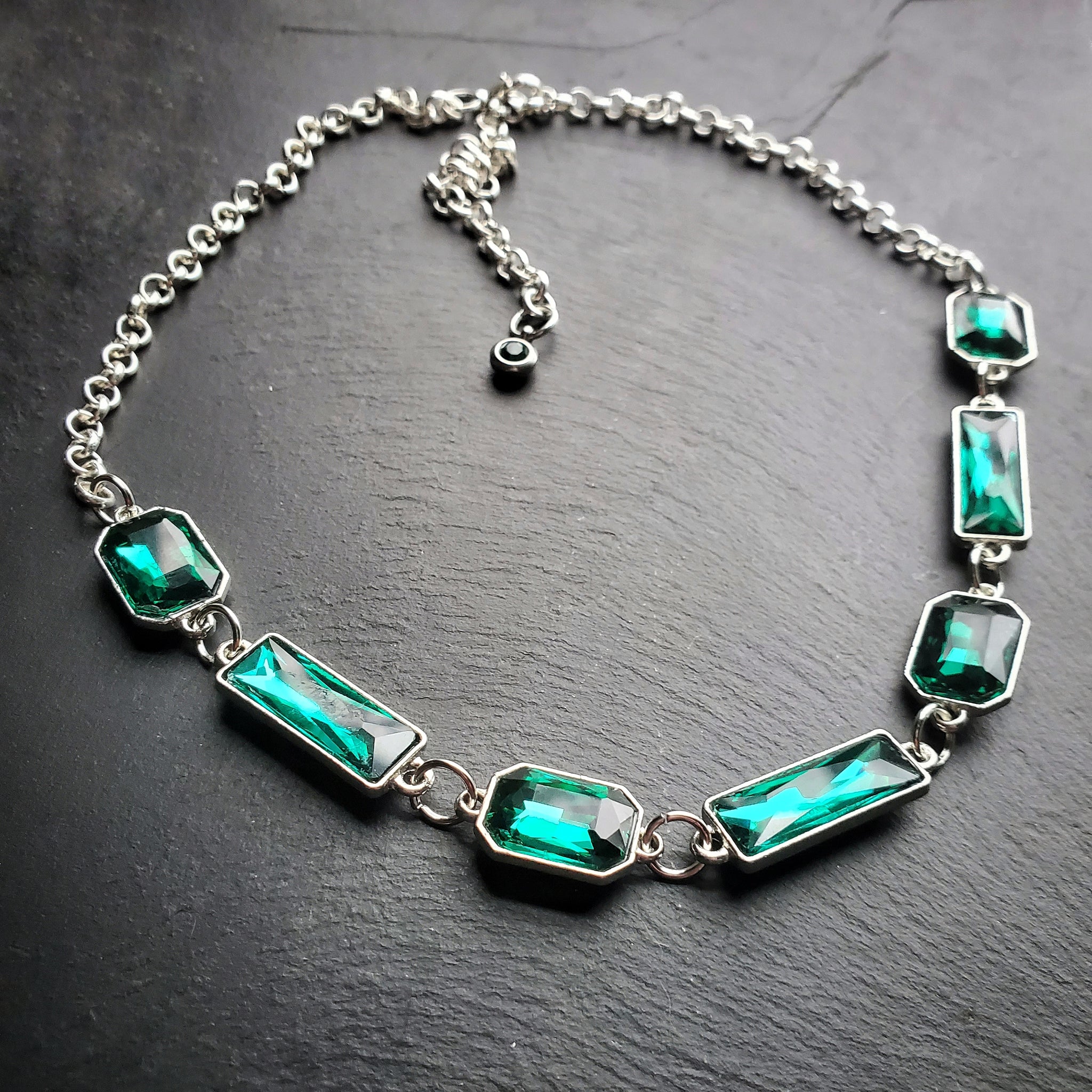 Emerald Cut Rhinestone Necklace in Green or Blue