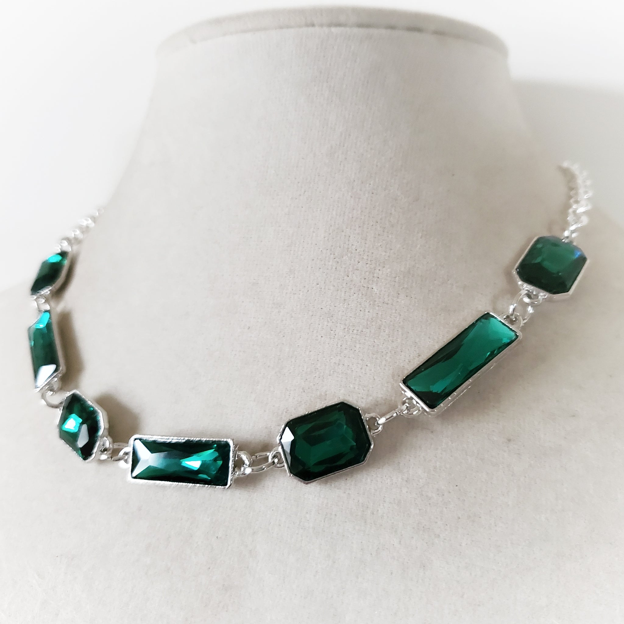 Emerald Cut Rhinestone Necklace in Green or Blue