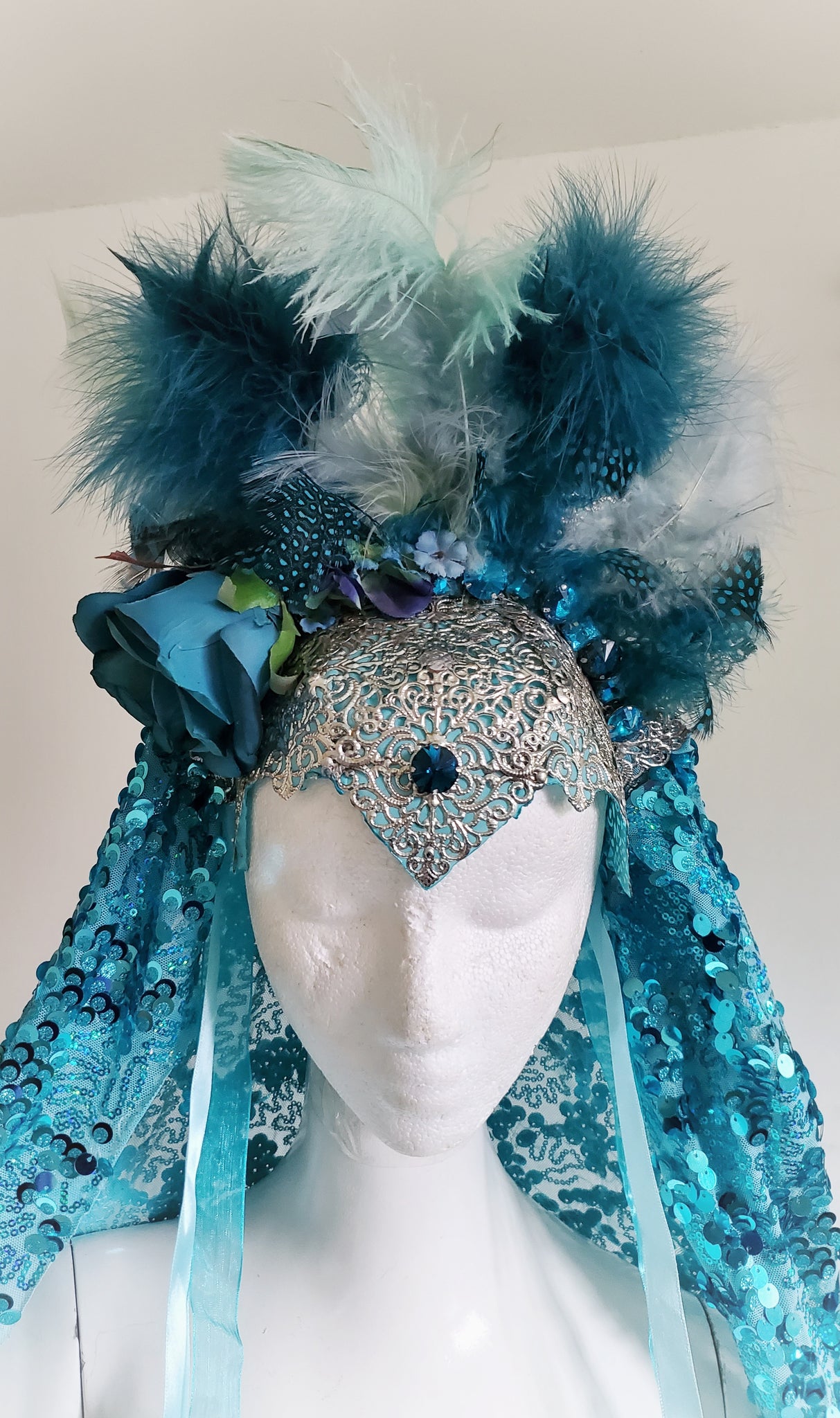 Teal Crown Feathered Headress with Sequin Veil