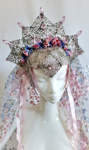 Pink Crown Headress with Embroidered Veil