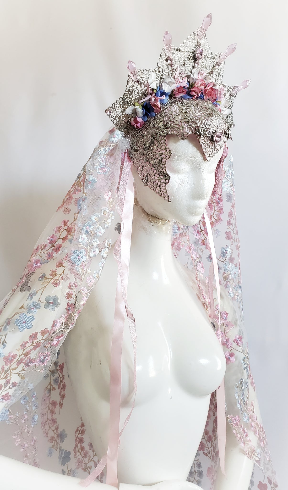 Pink Crown Headress with Embroidered Veil