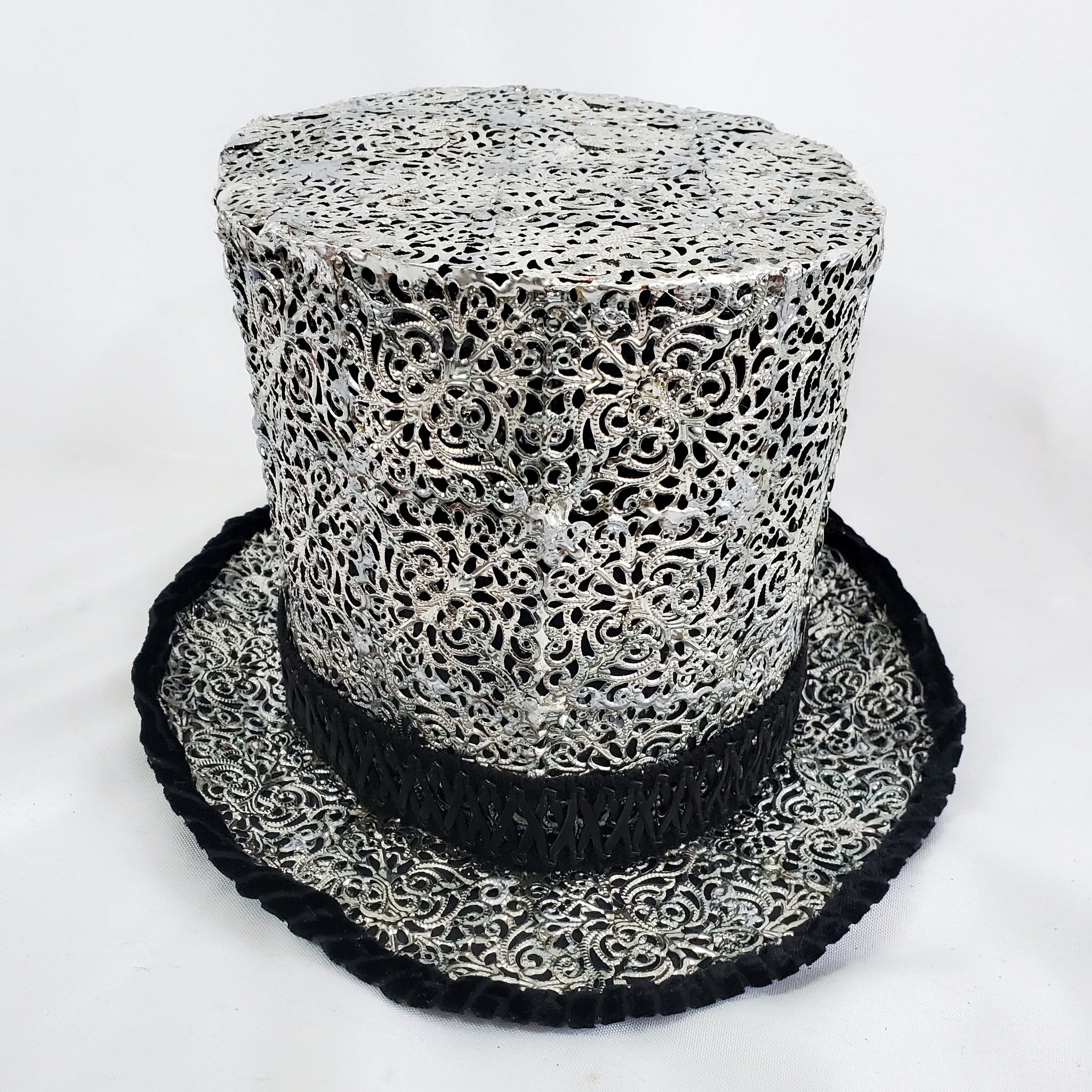 Black Velvet Lined Silver Filigree Top Hat