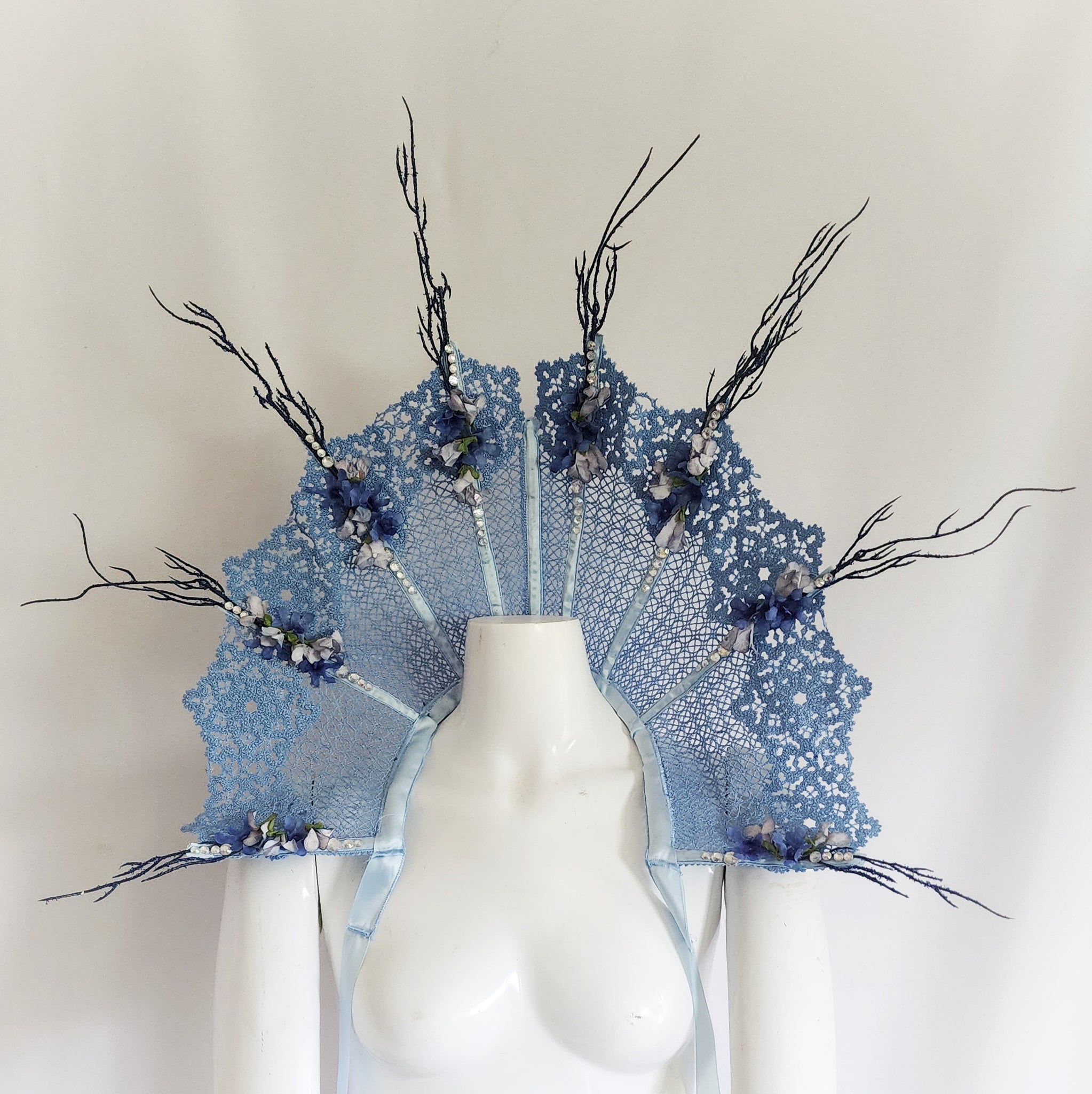 Blue Flower Fairy Queen Fan Lace Stand Up Collar
