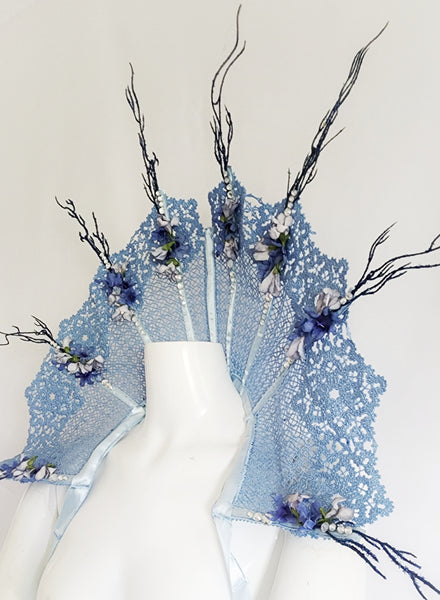 Blue Flower Fairy Queen Fan Lace Stand Up Collar