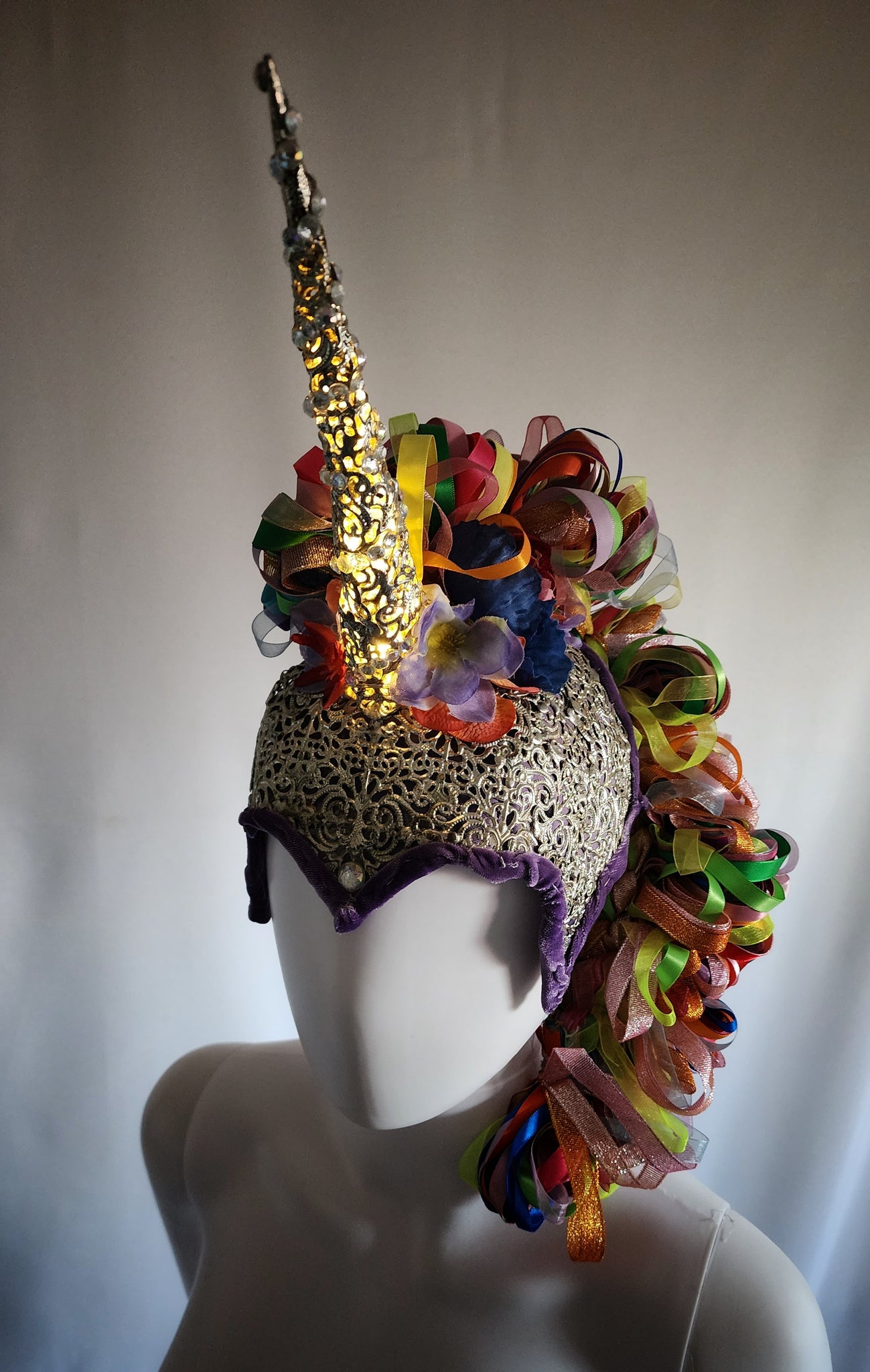 Rainbow Unicorn Headress with Ribbon Mane and Light Up Horn