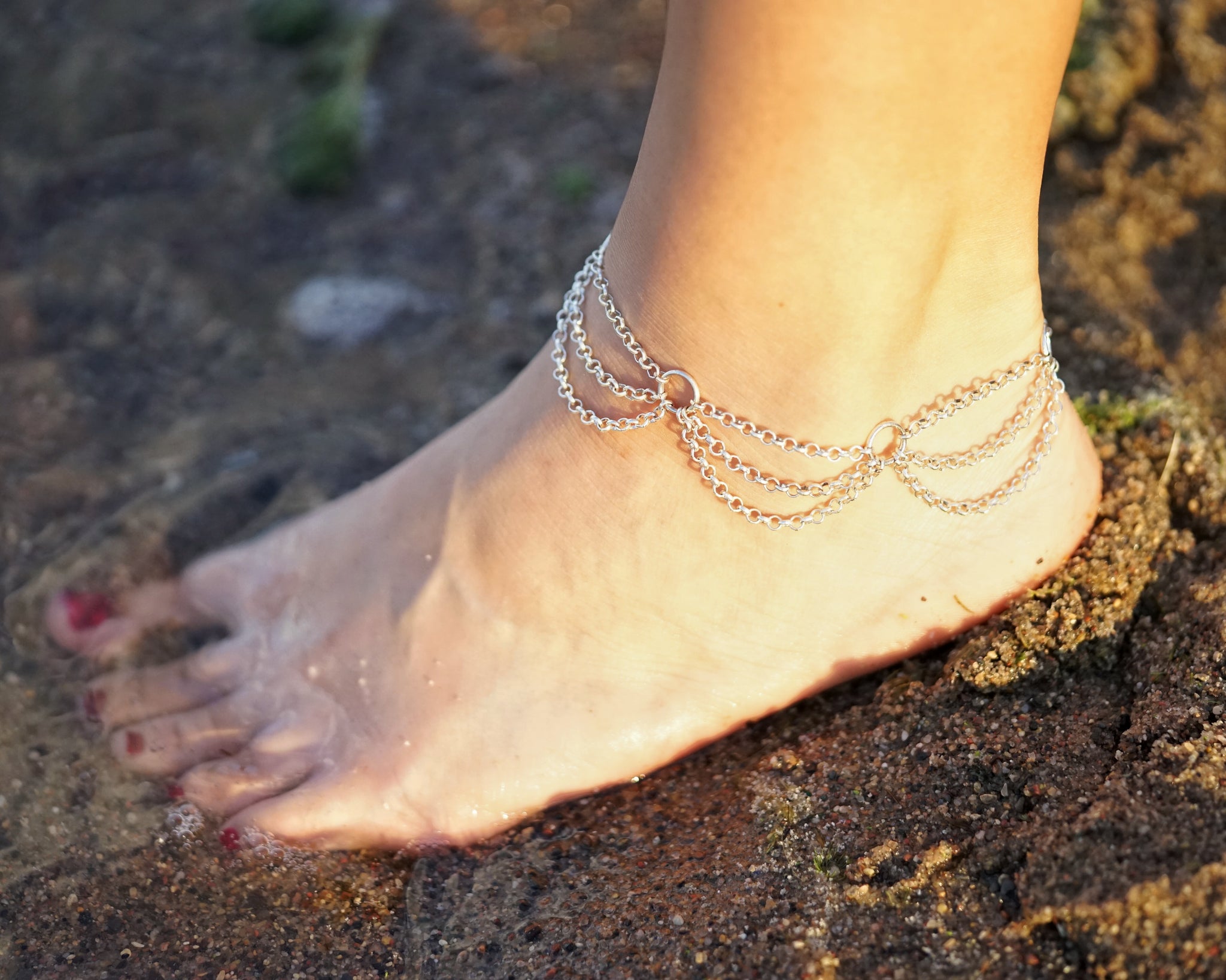 Draped Silver Anklet Summer Beach Festival Jewelry - DRAVYNMOOR