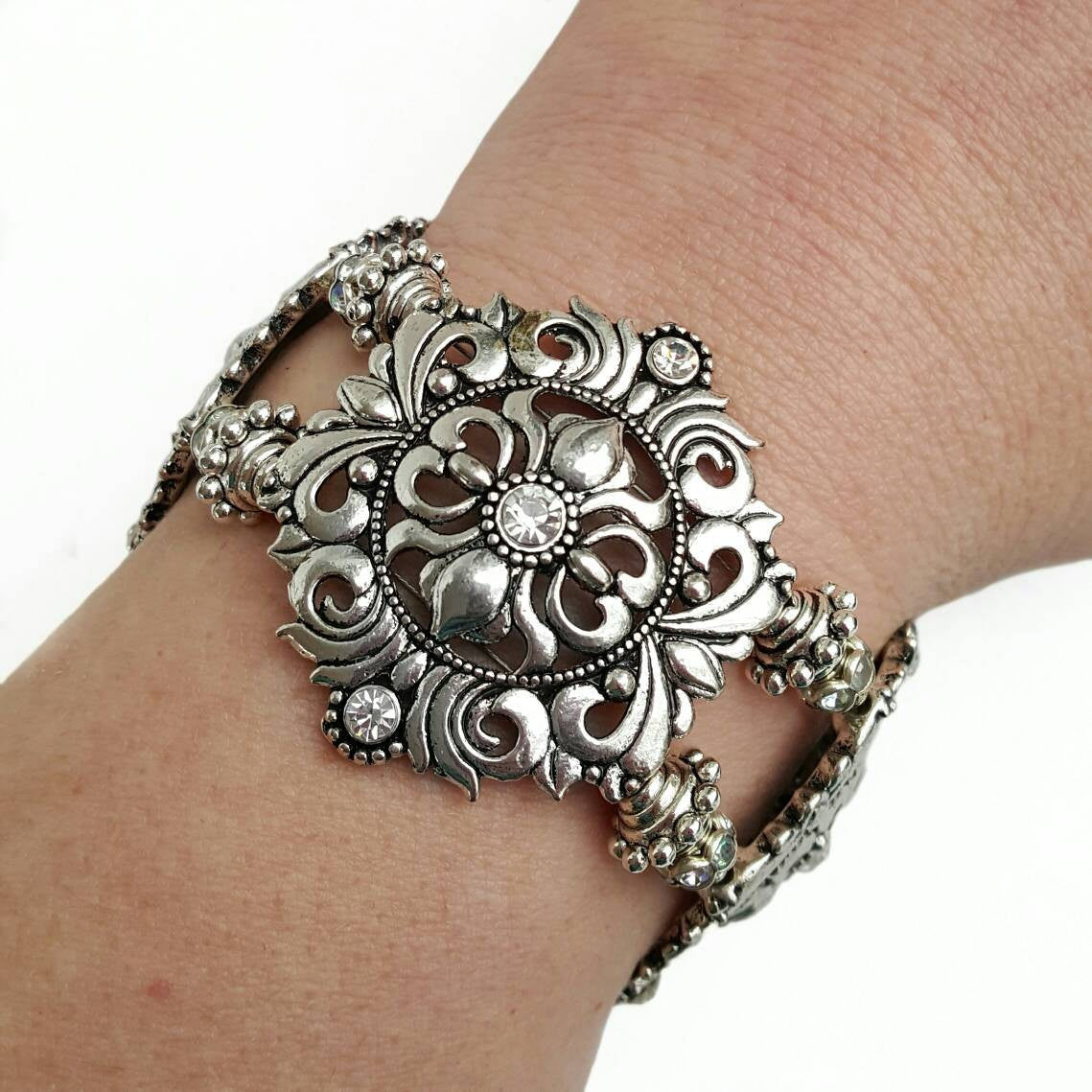 Chunky Tudor Rhinestone Bracelet Renaissance Bridal Jewelry - DRAVYNMOOR