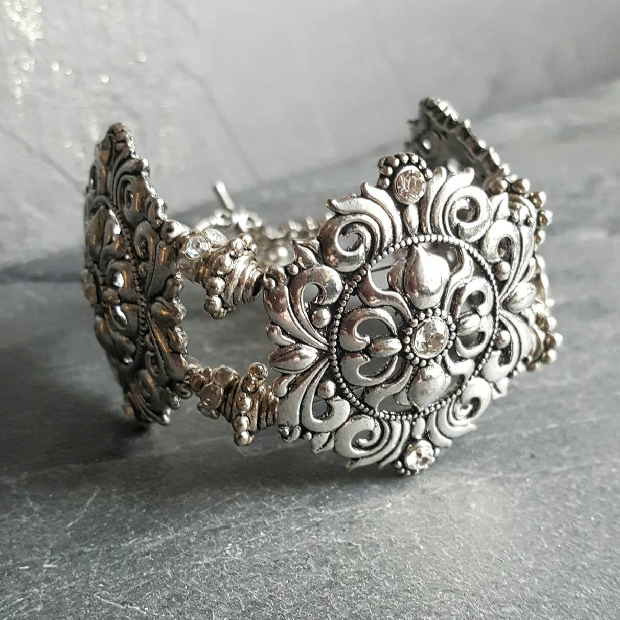 Chunky Tudor Rhinestone Bracelet Renaissance Bridal Jewelry - DRAVYNMOOR