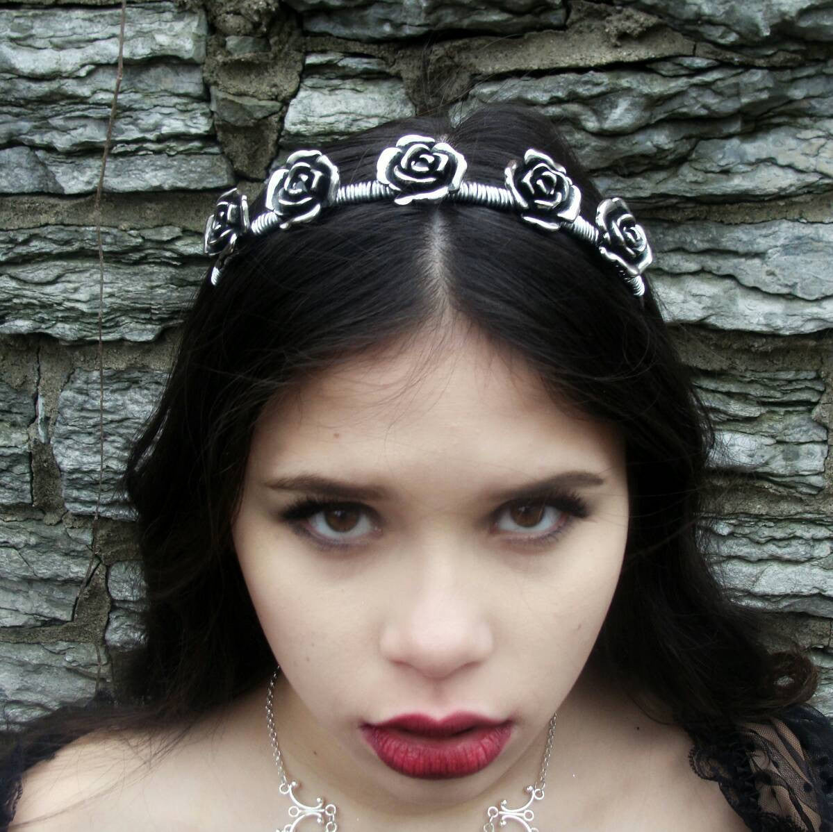 Gothic Rose Flower Crown Ren Faire Silver Bridal Headband - DRAVYNMOOR