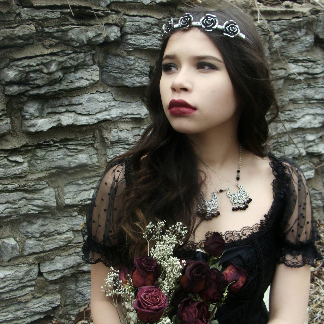 Gothic Rose Flower Crown Ren Faire Silver Bridal Headband - DRAVYNMOOR