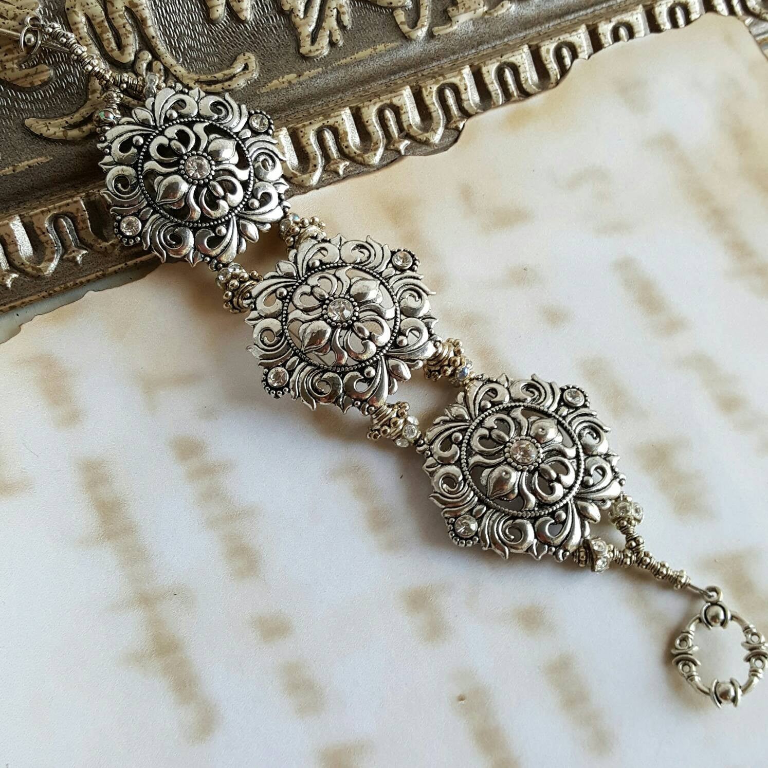 Chunky Tudor Rhinestone Bracelet Renaissance Bridal Jewelry - DRAVYNMOOR